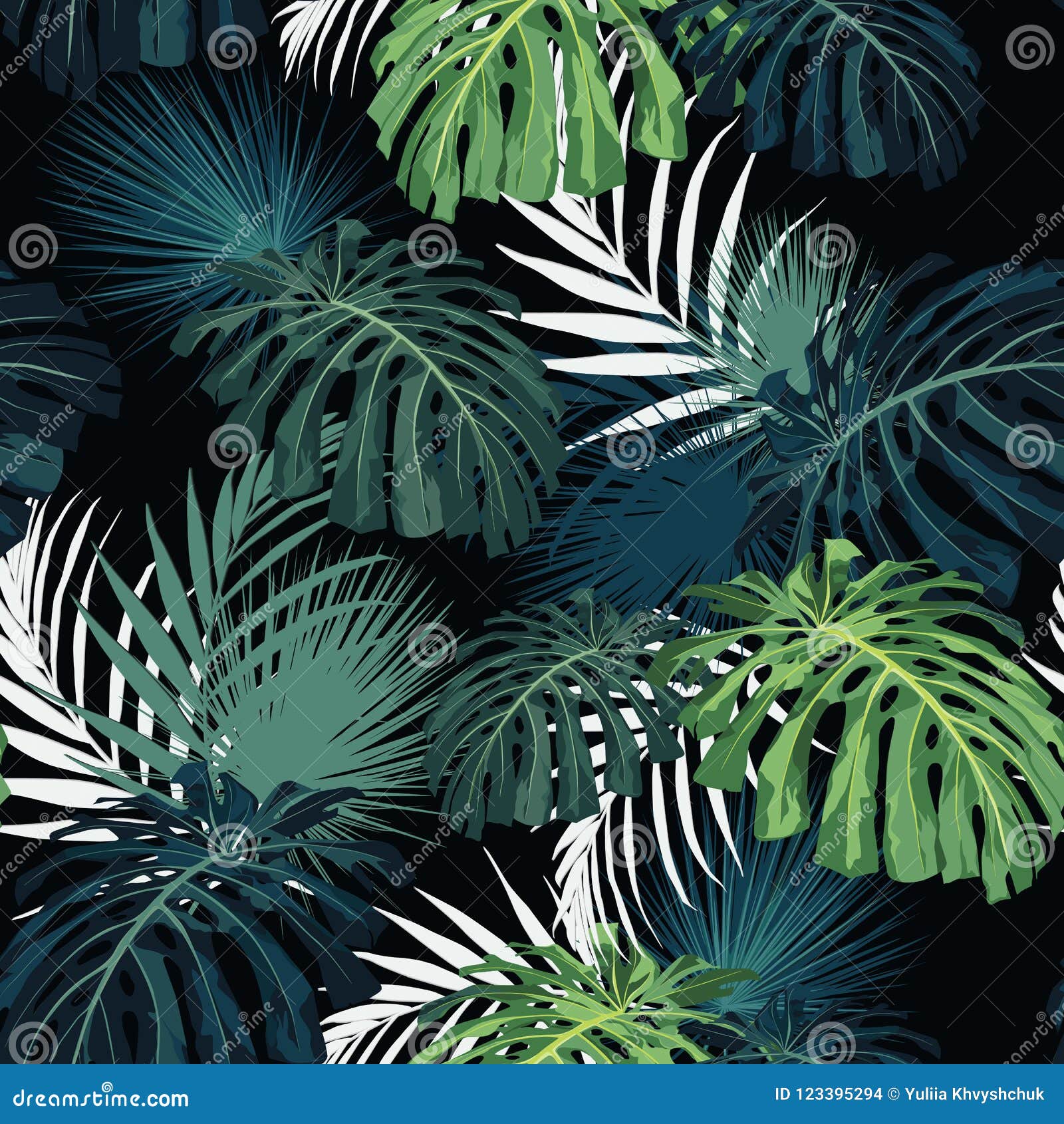 Темные и яркие тропические листья с заводами джунглей Картина безшовного  вектора тропическая с зелеными ладонью и Monstera Иллюстрация штока -  иллюстрации насчитывающей пуща, природа: 123395294