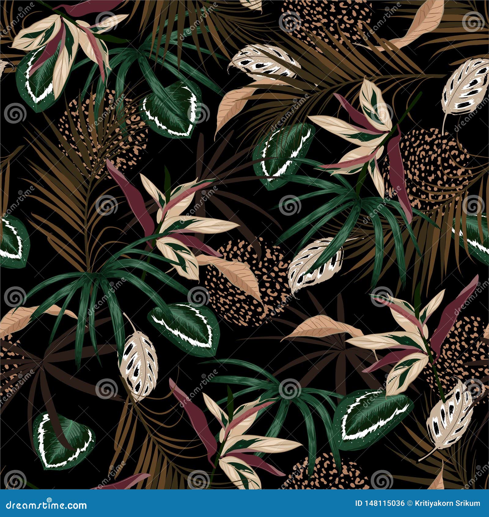 Темные тропические джунгли и красочные листья ладони, экзотические Palnts с  дизайном безшовной картины шкуры флористическим для м Иллюстрация штока -  иллюстрации насчитывающей гавайи, печать: 148115036