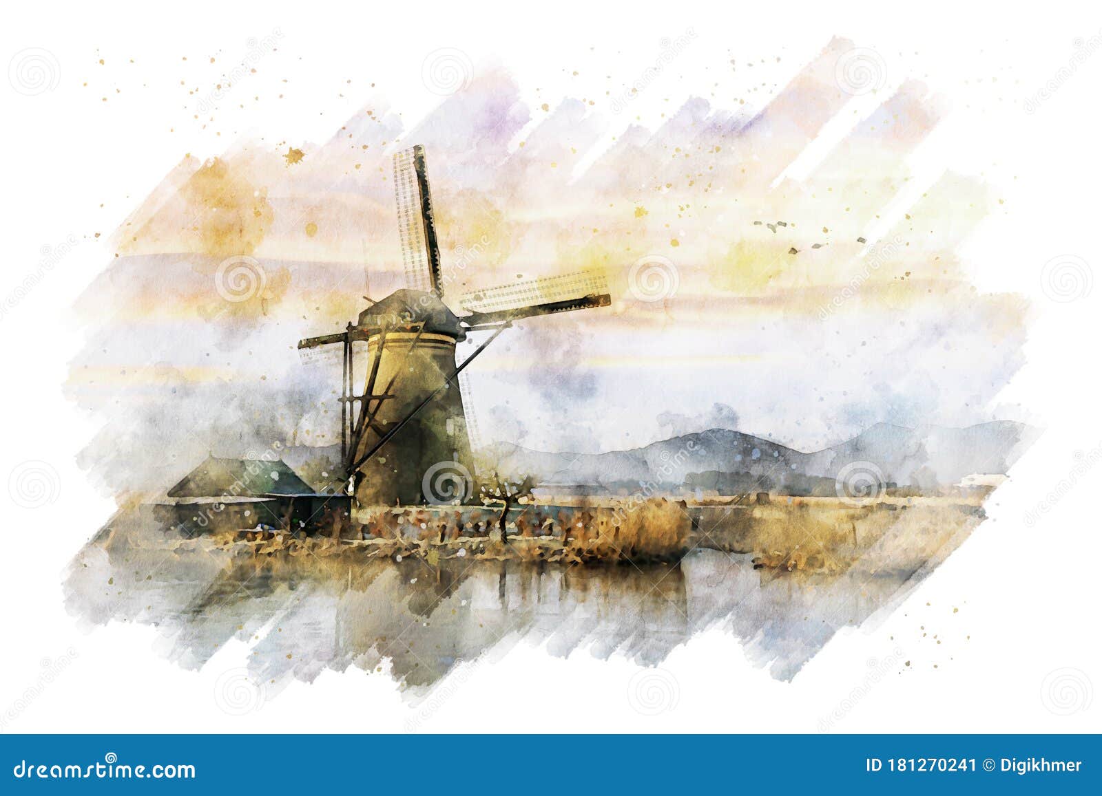 Традиционная голландская ветряная мельница со своей акварелью дома Стоковое  Изображение - изображение насчитывающей защищено, сельхозугодий: 181270241