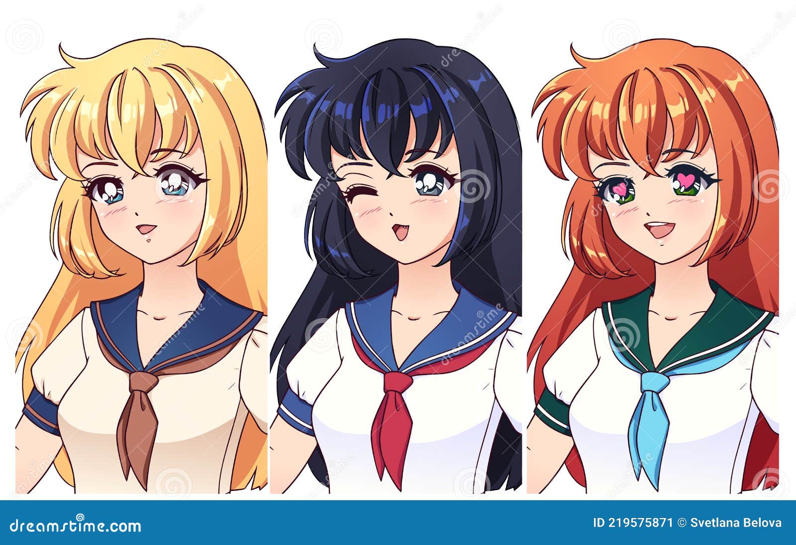 три разные аниме-девочки в японской школьной форме Иллюстрация вектора -  иллюстрации насчитывающей лицево, прелестное: 219575871