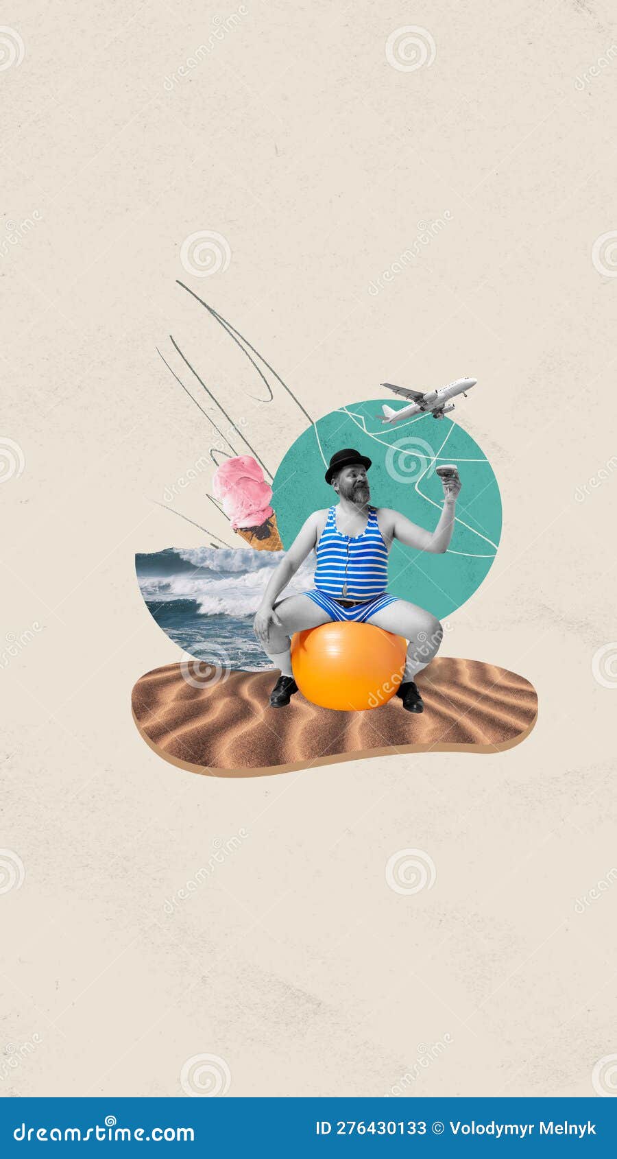 улыбающийся мужчина в полосатом купальнике, сидящий на фитнес-м бале на  пляже и пьющий коктейль. долгожданный отпуск Стоковое Изображение -  изображение насчитывающей способ, современно: 276430133