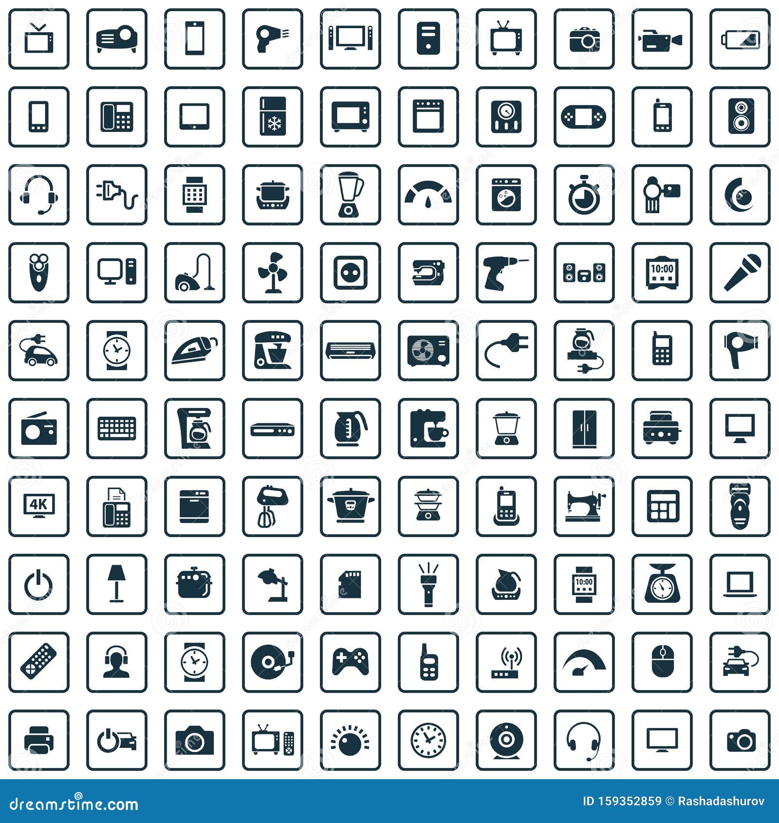 Универсальный набор 100 иконки для электроники Иллюстрация вектора -  иллюстрации насчитывающей смеситель, прибор: 159352859