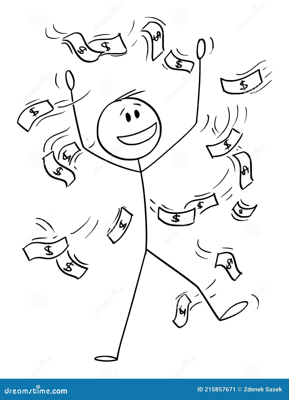 успешный бизнесмен празднует успех с деньгами падение или дождь векторный  мультфильм палка рисунок Иллюстрация вектора - иллюстрации насчитывающей  шарж, чертеж: 215857671