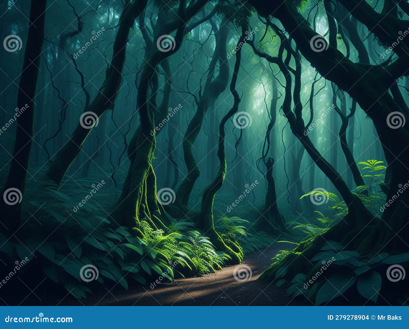 фантастический темный лес с зелеными деревьями. Иллюстрация штока -  иллюстрации насчитывающей утро, старо: 279278904
