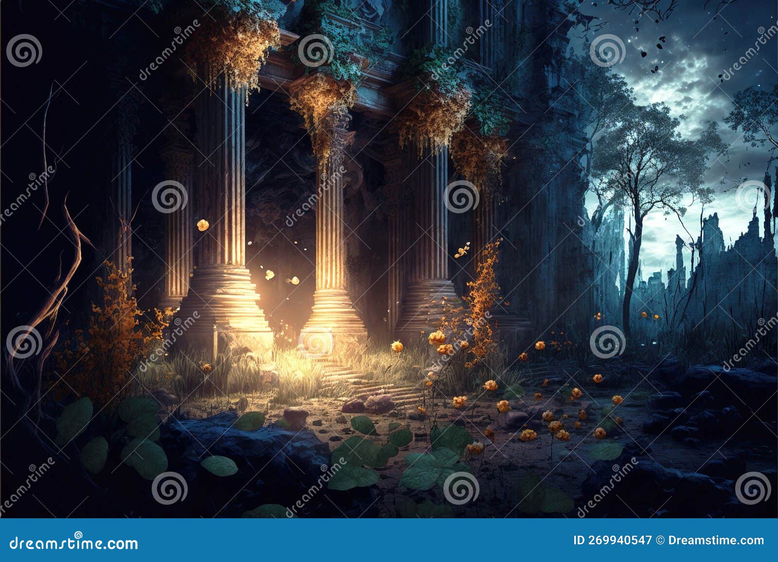 храм в фэнтези-лесу в ночные руины и волшебная иллюстрация света  Иллюстрация штока - иллюстрации насчитывающей ноча, мистик: 269940547