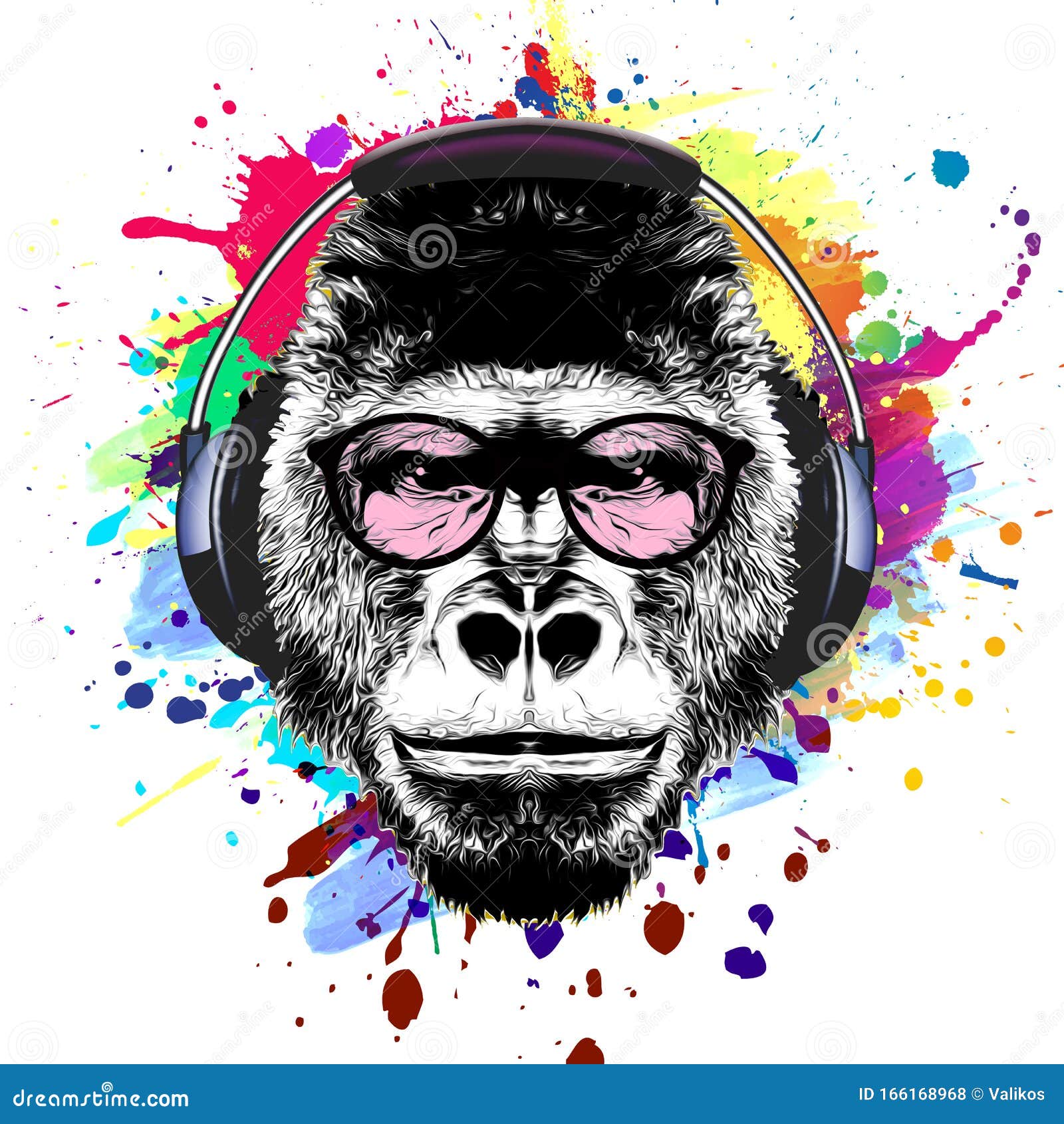 Цветная артистическая обезьяна на цветном фоне Иллюстрация штока -  иллюстрации насчитывающей график, наушники: 166168968