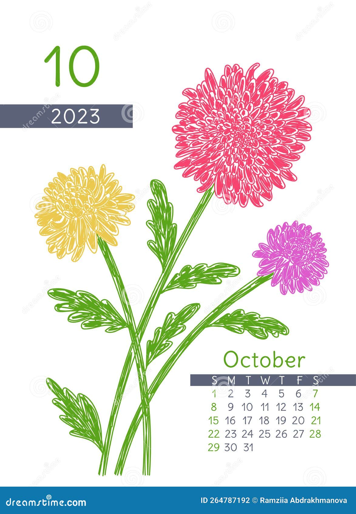 цветочный календарь на 2023 год. октябрь месяц. Хризантемная ботаническая  иллюстрация. конструкция кальдеров. ручное векторное пер Иллюстрация  вектора - иллюстрации насчитывающей малыши, цветок: 264787192