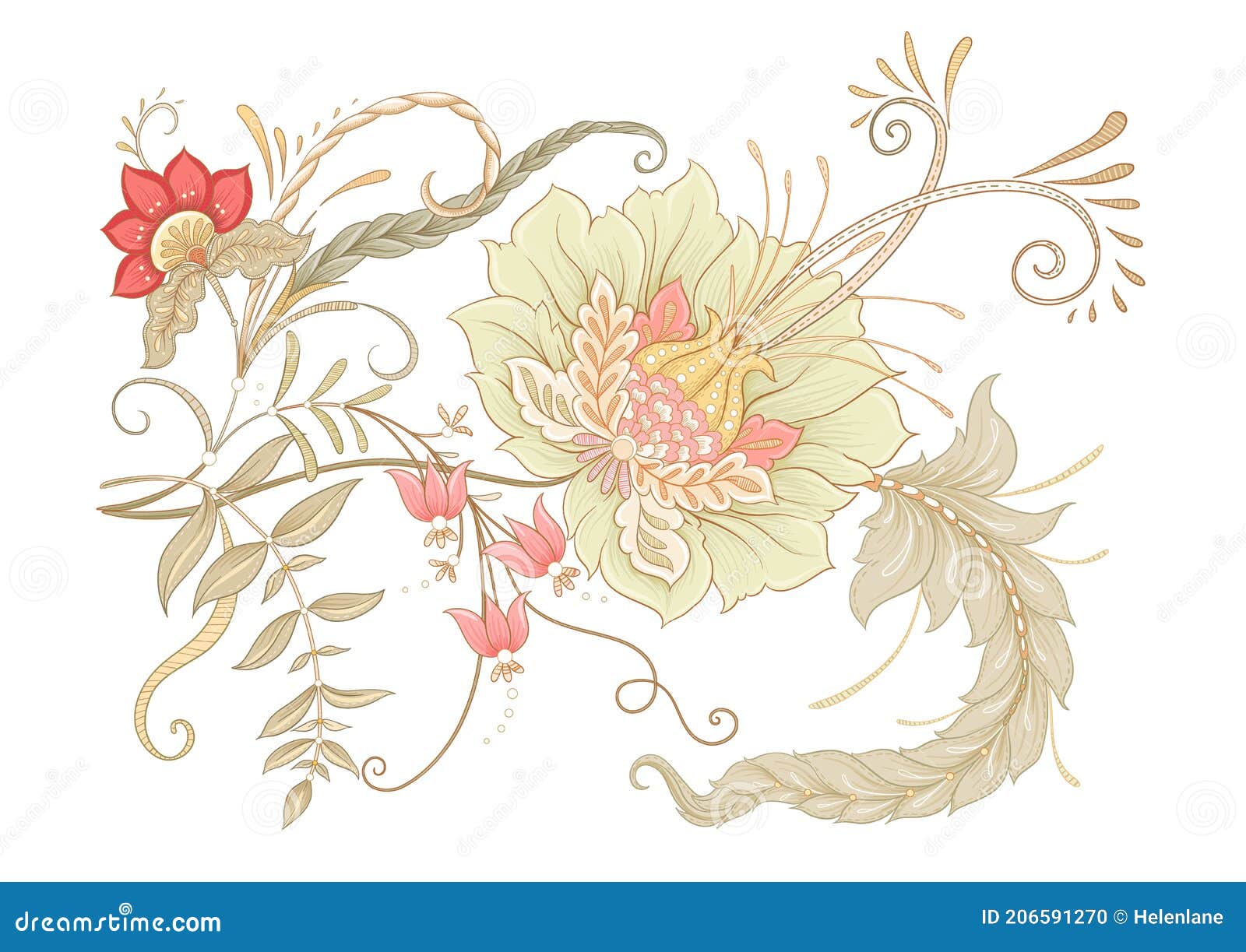 Цветы в стиле ретро винтажном стиле фэнтези Jacobean вышивки. Стоковое Фото- изображение насчитывающей якобинец, иллюстрация: 206591270