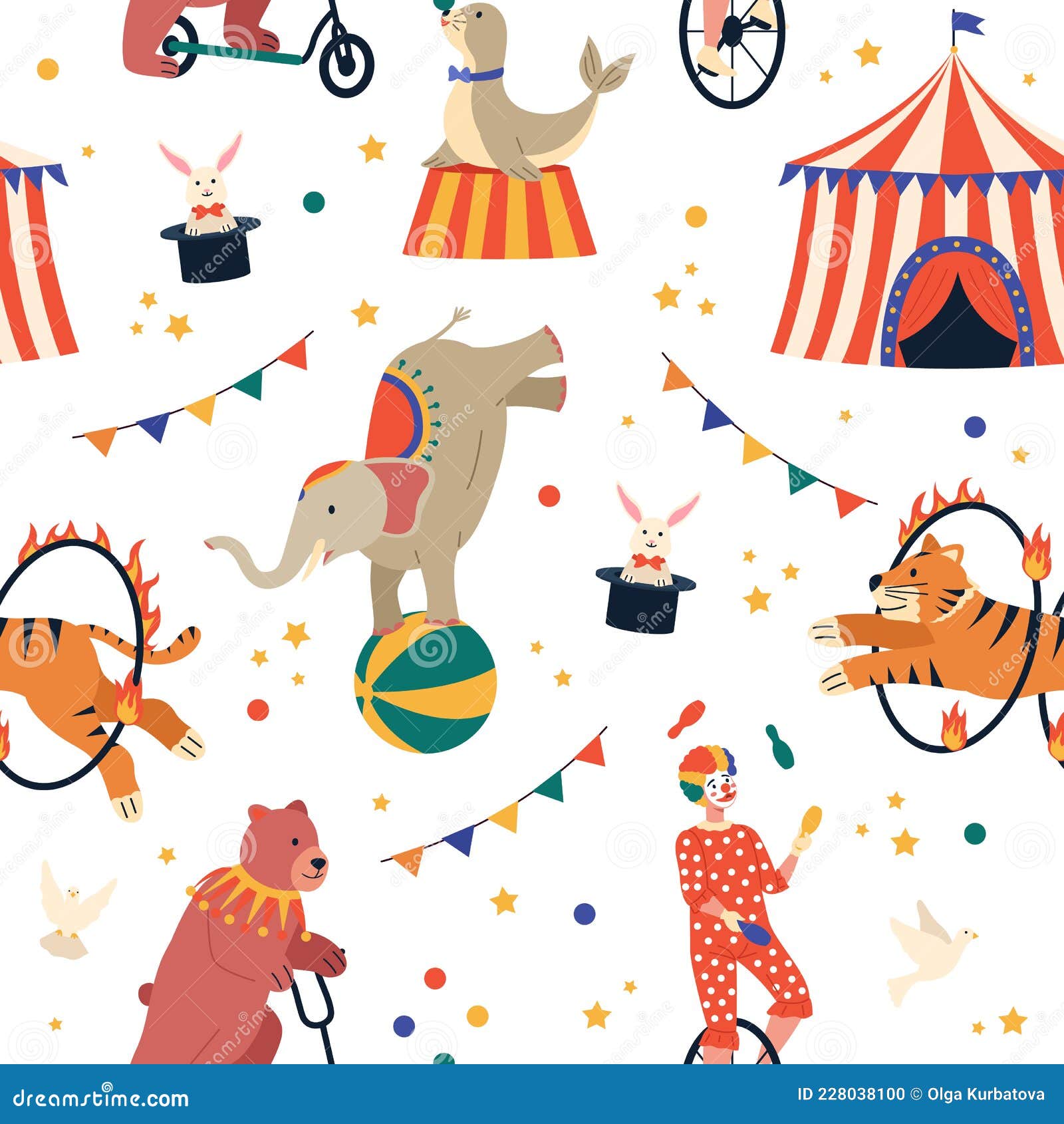 цирк показать бесшовный узор. смешной карнавальный фон развлечений милый  мультфильм дрессированные животные и клоун жонглер на Иллюстрация вектора -  иллюстрации насчитывающей цирк, смешно: 228038100