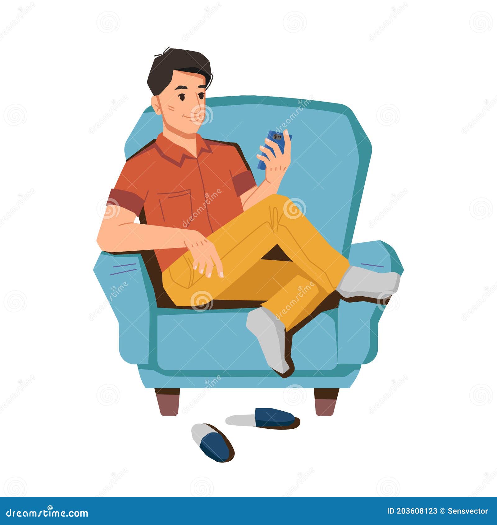 Человек в кресле с обзора смартфона, болтая Иллюстрация вектора -иллюстрации насчитывающей смешно, просматривая: 203608123