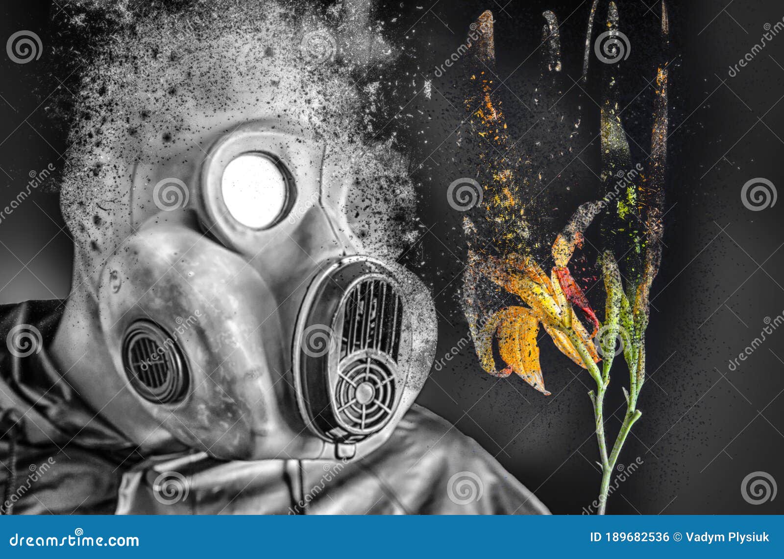 Человек в маске противогаз, занимающих горящий цветок. Воздействие  радиации. Загрязнение окружающей среды. Концепция Чернобыльской Стоковое  Фото - изображение насчитывающей пожар, маска: 189682536