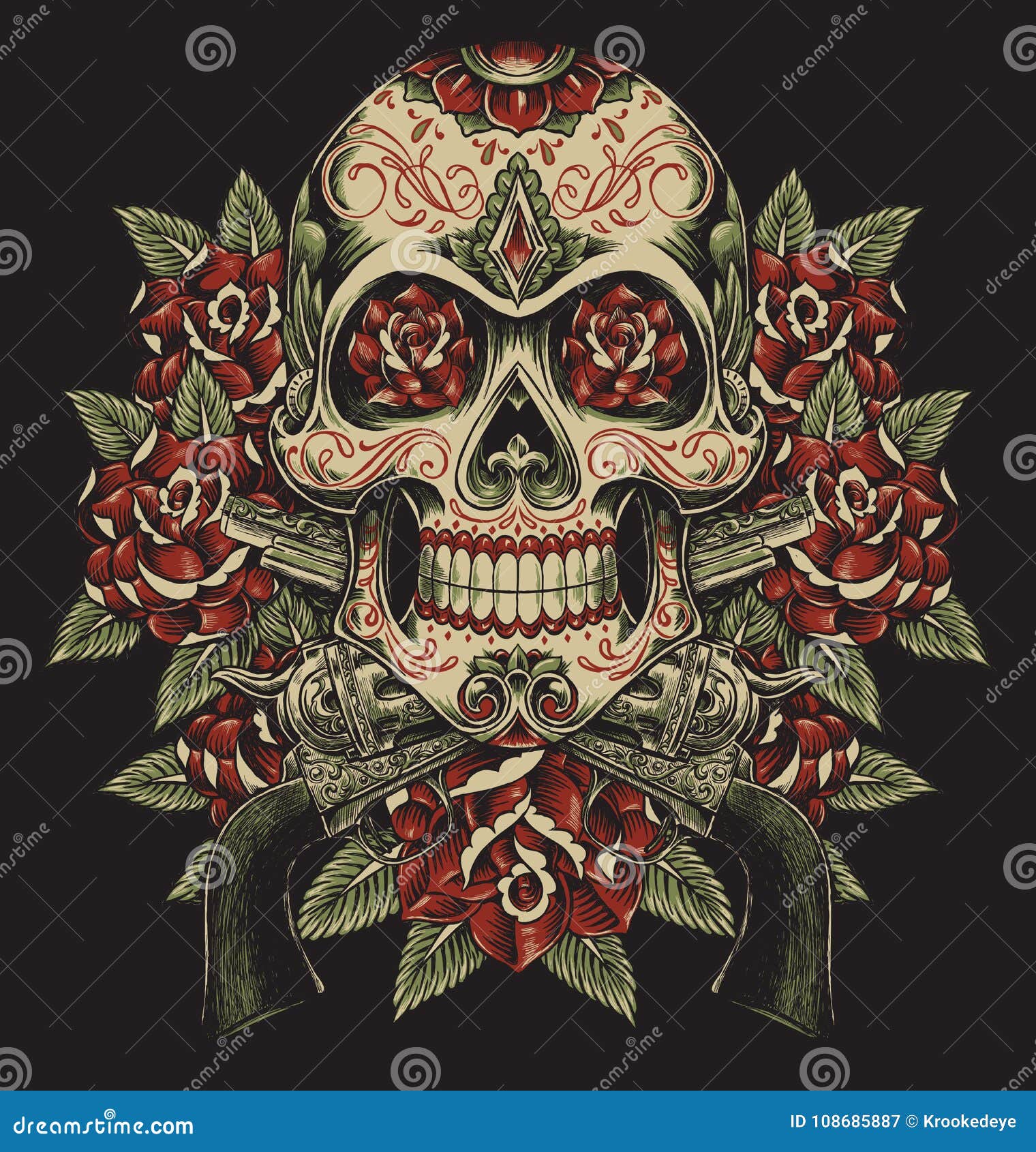 Череп и розы с иллюстрацией татуировки револьверов Иллюстрация вектора -  иллюстрации насчитывающей мертво, день: 108685887