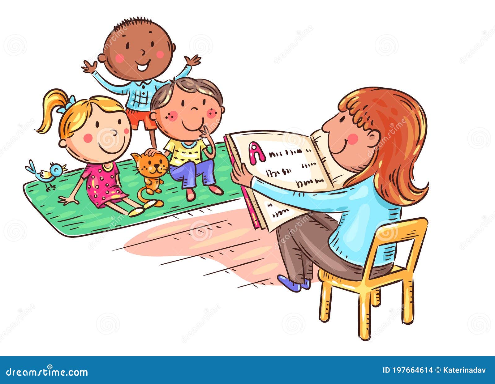 Чтение учителя к детям в детском саду Иллюстрация вектора - иллюстрации насчитывающей образование, активизма: 197664614