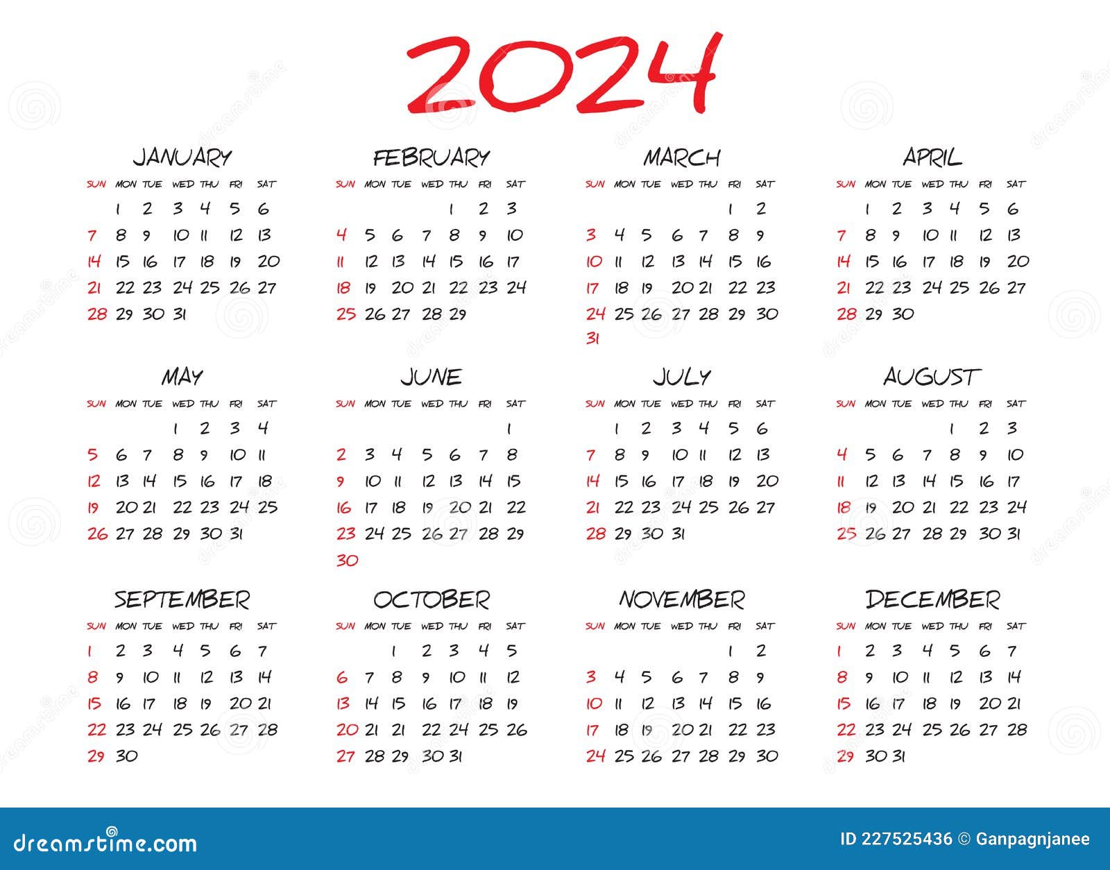 шаблон ежемесячного календаря на 2024 год простой календарь дизайн неделя начинается на воскресенье календарь 2024 дизайн Иллюстрация вектора - иллюстрации насчитывающей средства, конструкция: 227525436