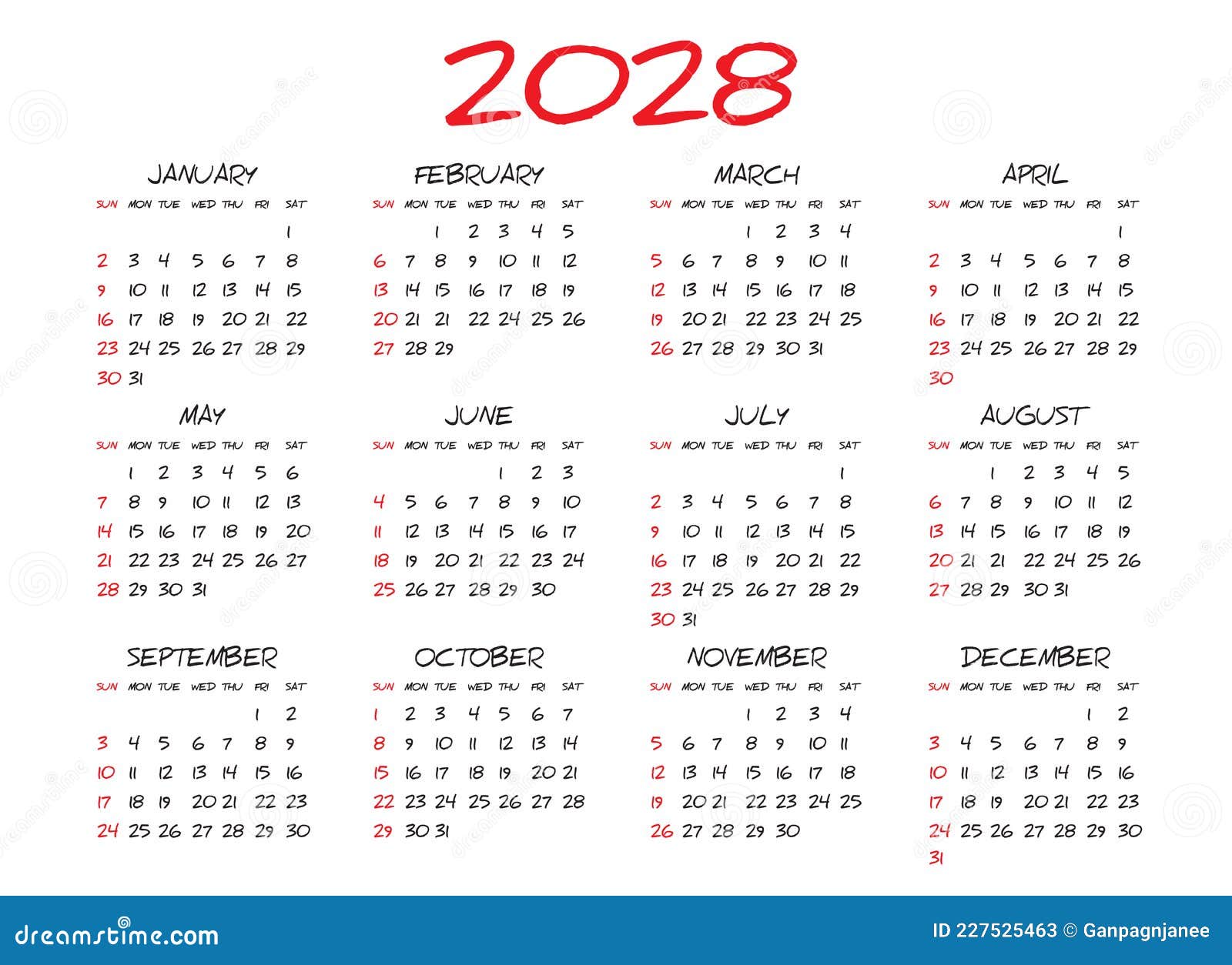 шаблон ежемесячного календаря на 2028 год простой календарь дизайн неделя  начинается на воскресенье календарь 2028 дизайн Иллюстрация вектора -  иллюстрации насчитывающей дата, красно: 227525463