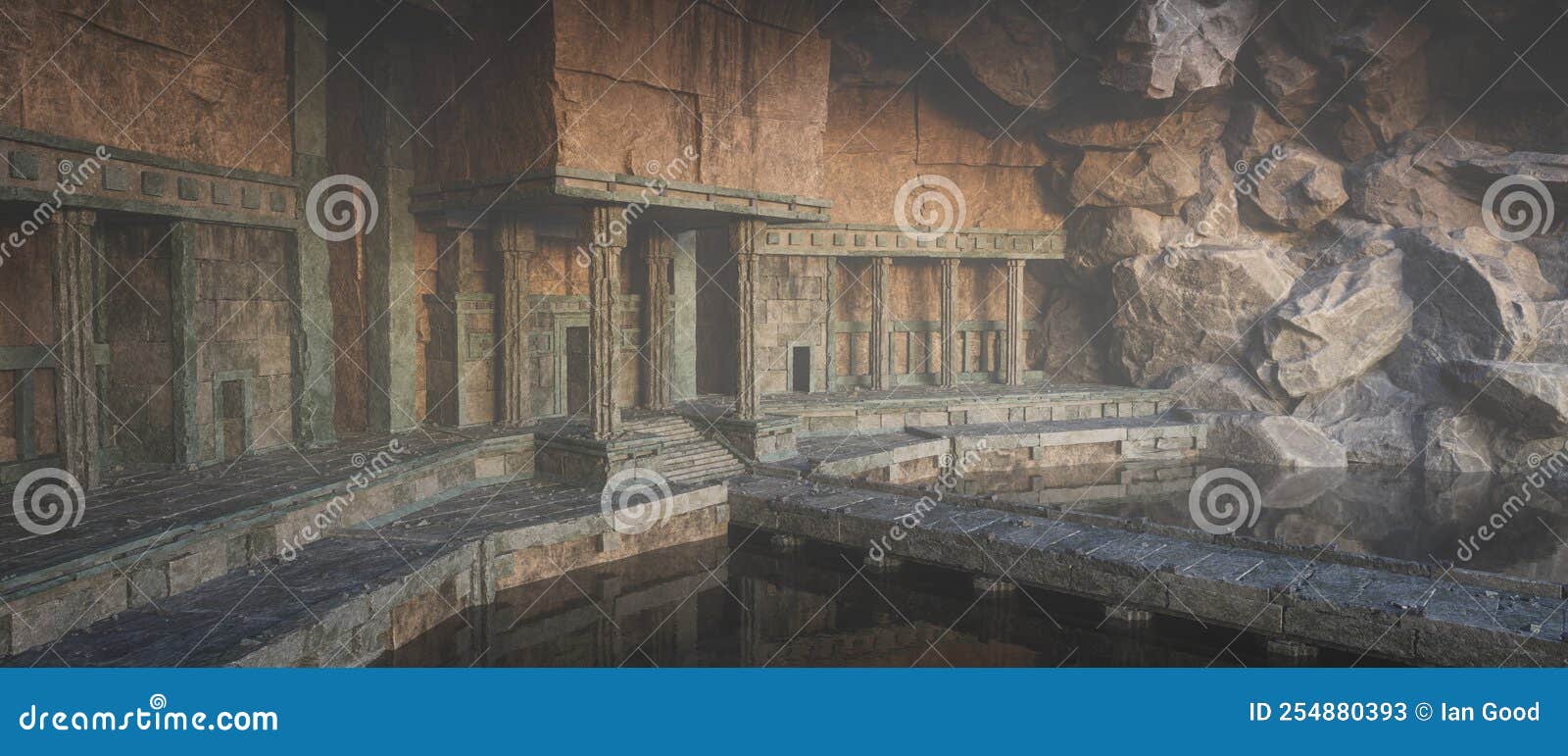 Широкая кинематическая 3d-рендеринг старого подземного фэнтези-храм в  горной пещере Иллюстрация штока - иллюстрации насчитывающей темно, вход:  254880393