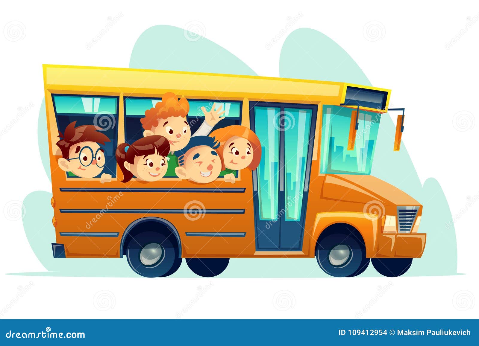 School Bus With Kids Sitting Near Windows Vector Image