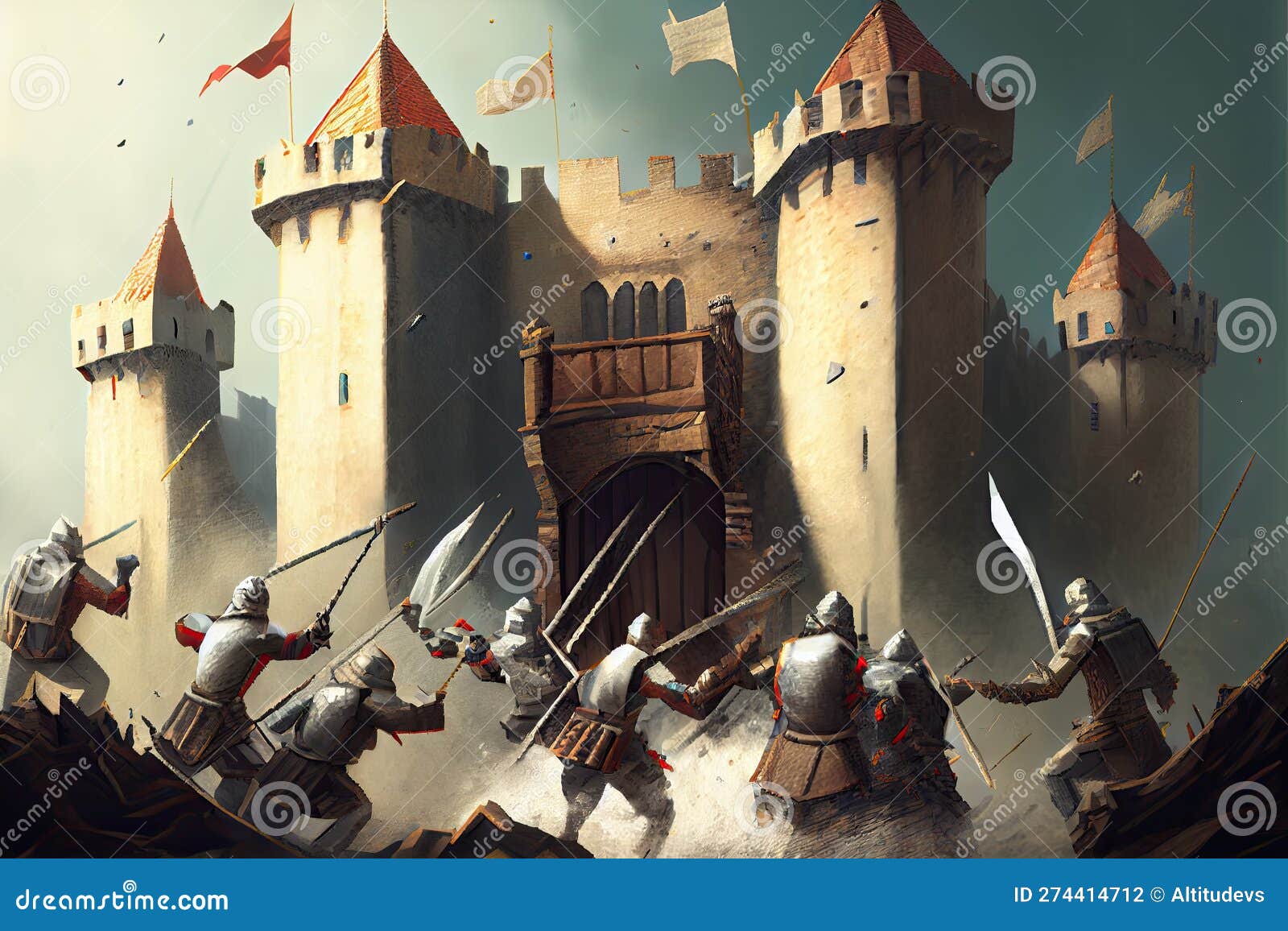 штурм средневекового замка, в котором нападавшие размахивают его стены и  сражаются рука об руку Стоковое Фото - изображение насчитывающей история,  нападением: 274414712