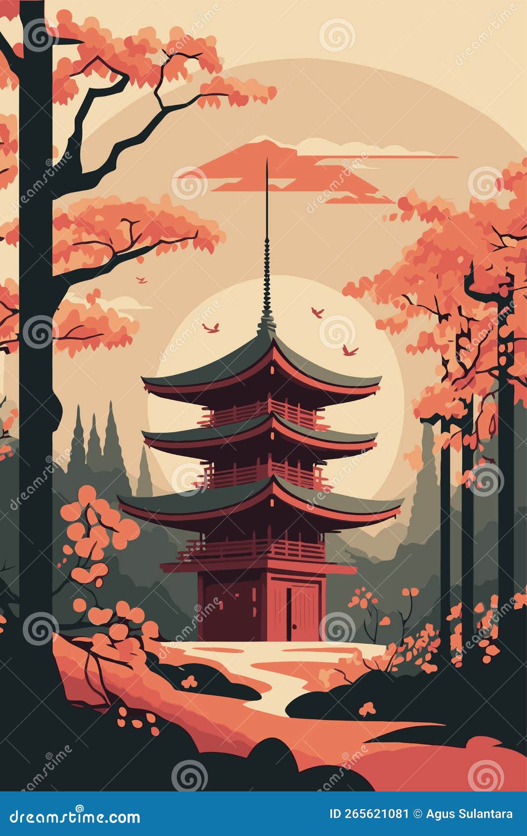 Япанский храм или азиатский пагодский японский традиционный памятник с  вишневым цветком Иллюстрация штока - иллюстрации насчитывающей панорама,  среда: 265621081