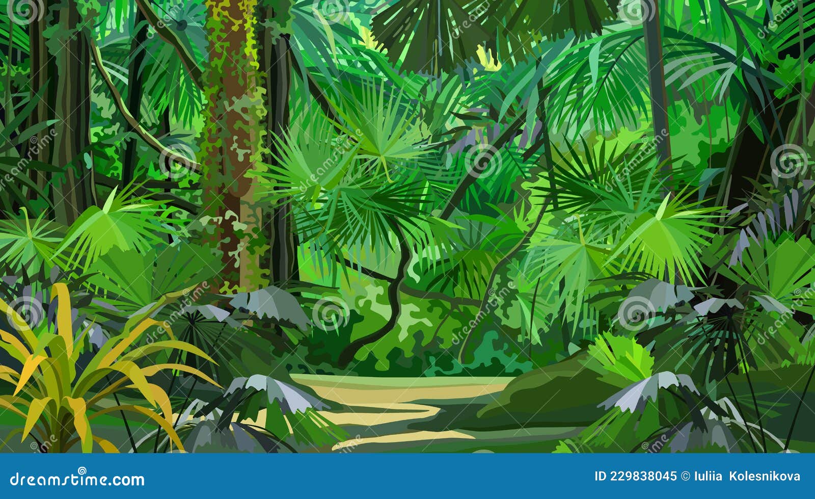 яркие мультипликационные густые тропические джунгли с пешеходной тропой  Иллюстрация вектора - иллюстрации насчитывающей среда, напольно: 229838045