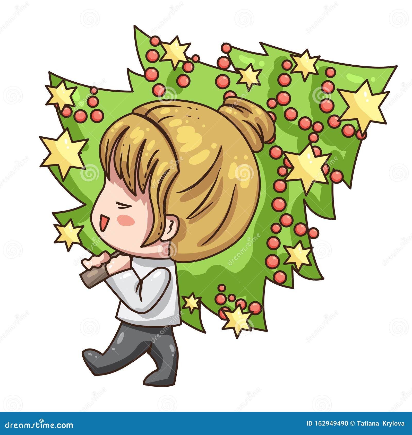 Kawaii Anime Character Isolated on White Background. Little Girl with  Christmas Tree Stock Vector - Illustration of funny, drawn: 162949490