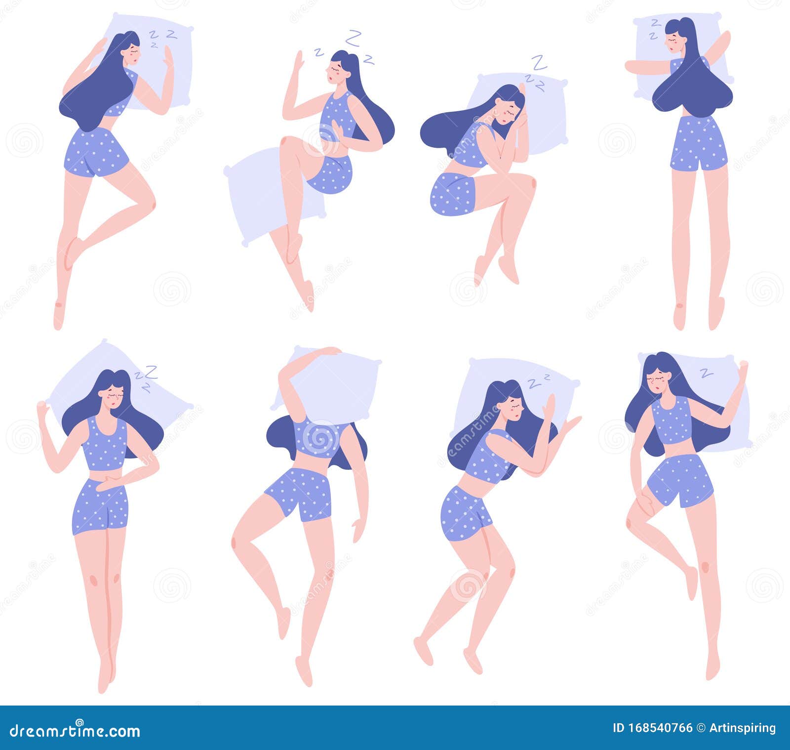 一组不同位置的妇女睡眠床上的女性人物向量例证 插画包括有床上的女性人物 一组不同位置的妇女睡眠 168540766