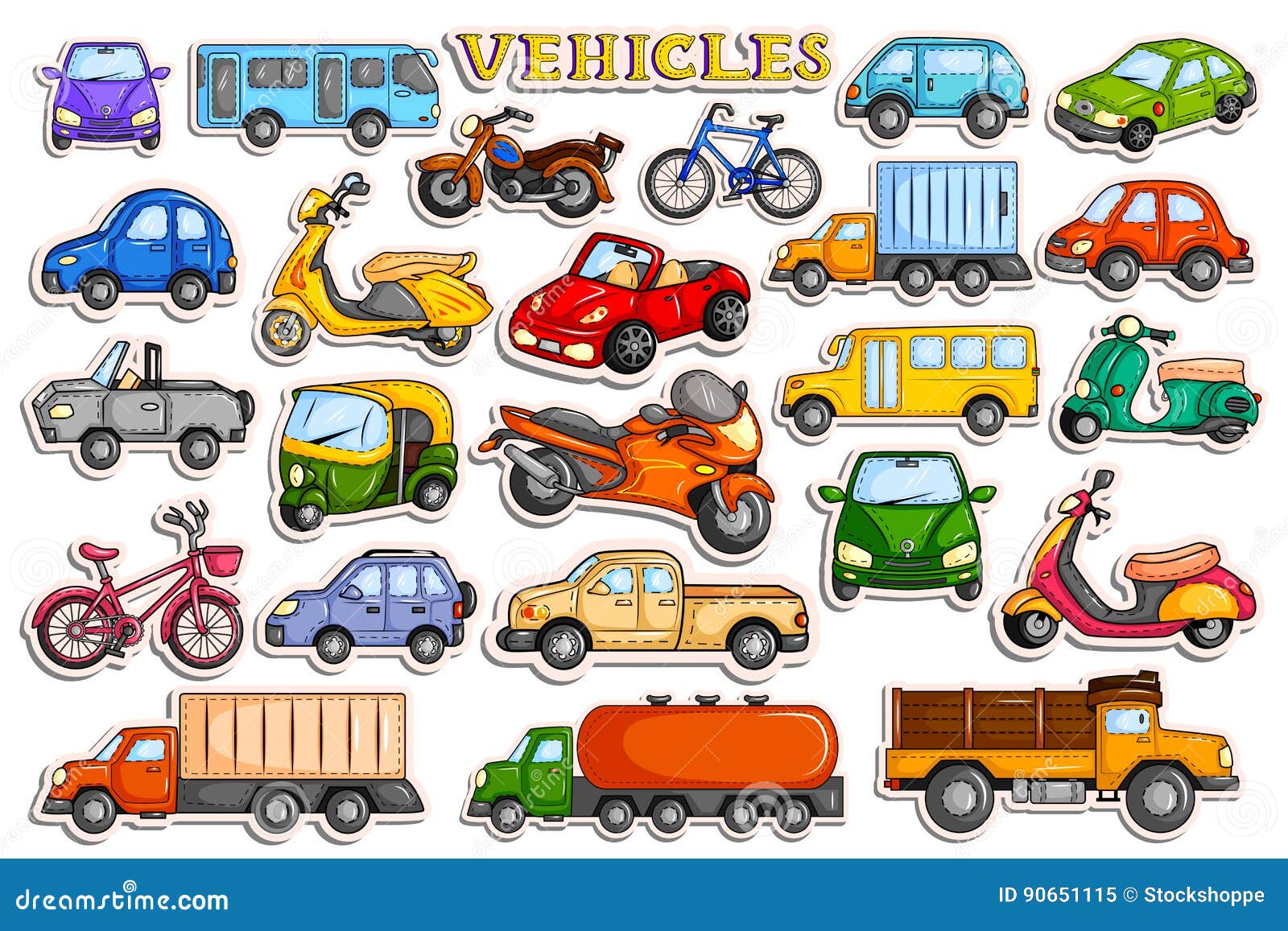 不同的交通工具在贴纸样式的车向量例证 插画包括有