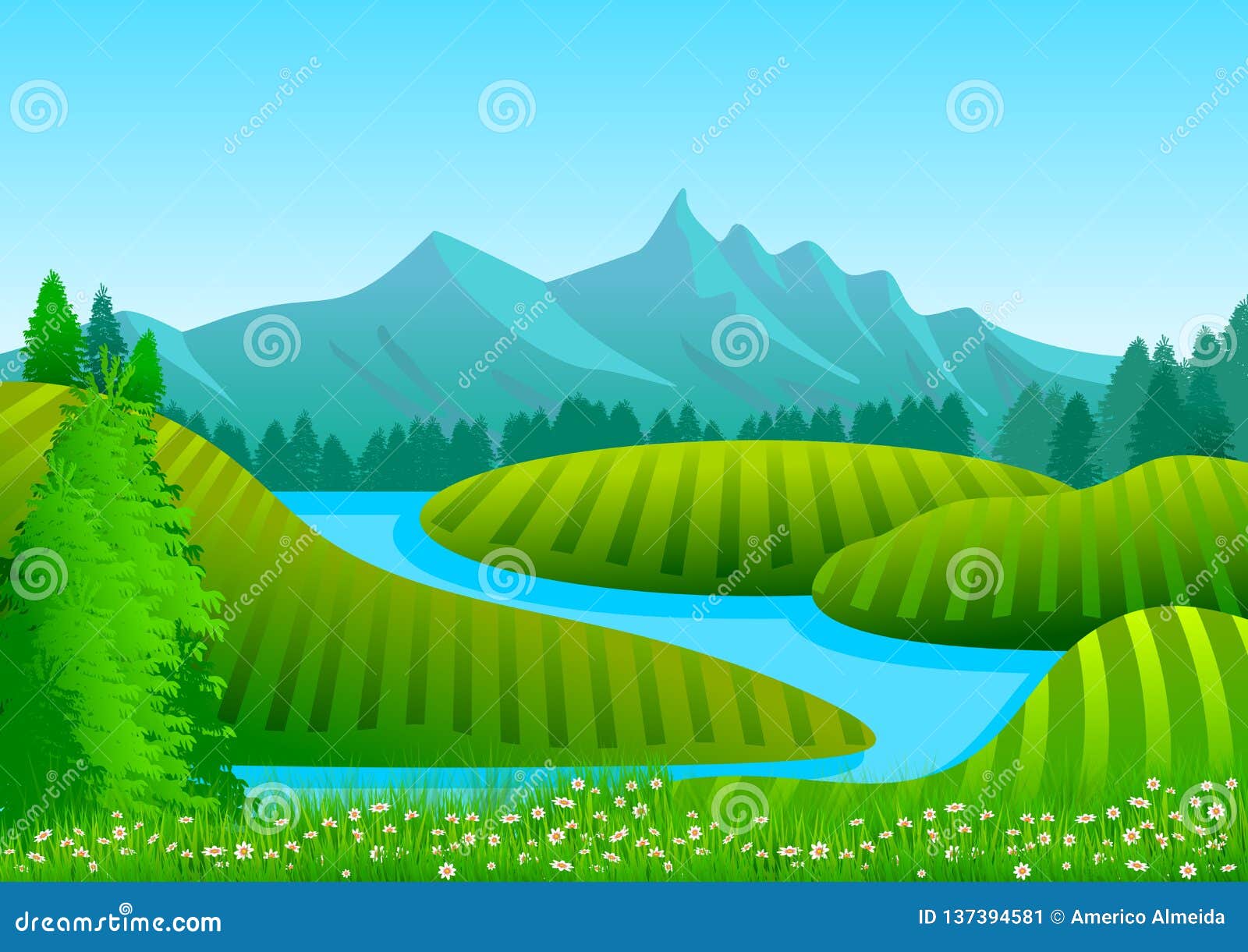 与天空蔚蓝 山在背景中 青山 树和河的自然风景库存图片 插画包括有生气勃勃 森林 室外 葡萄园