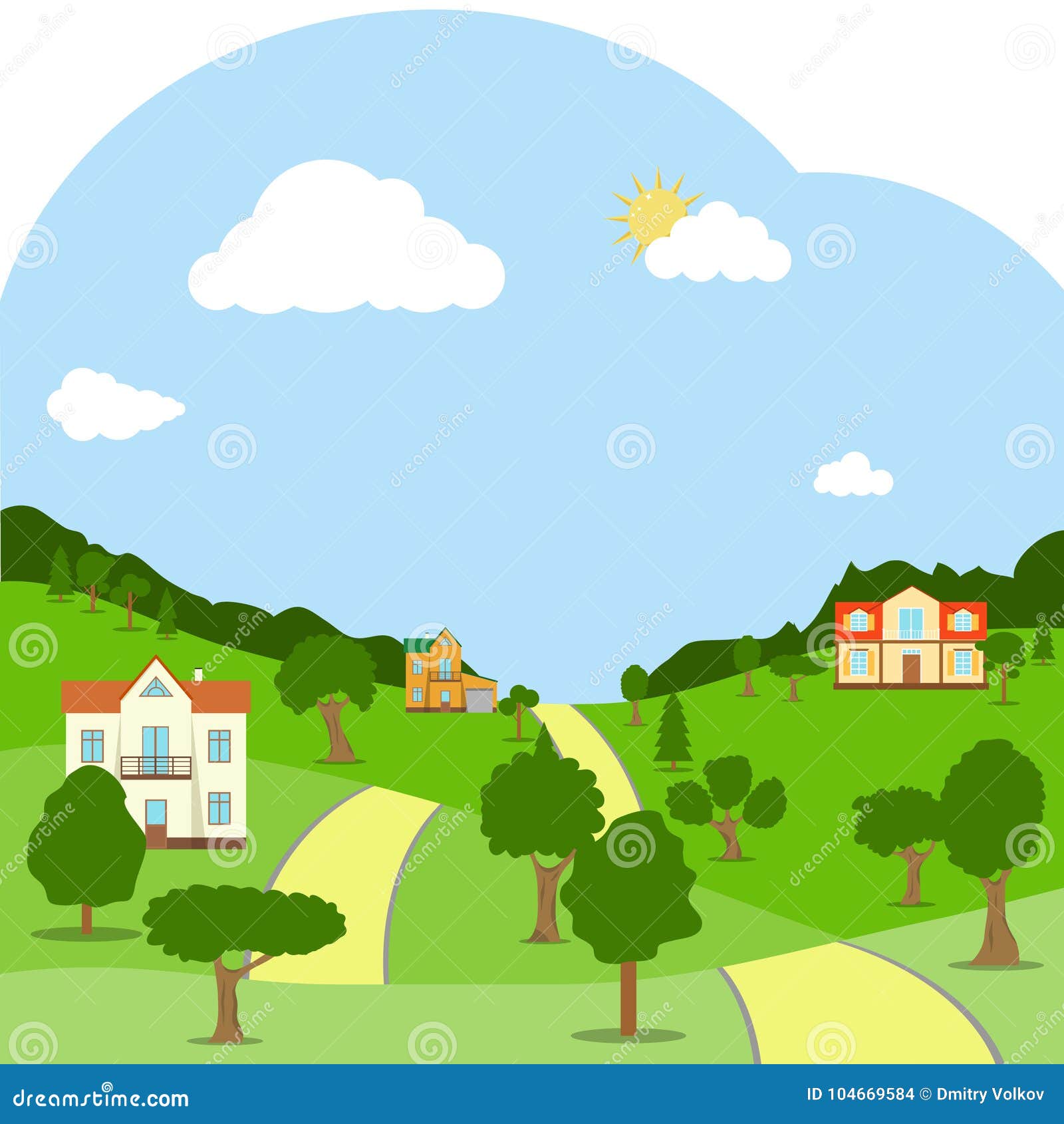 与房子 青山 树和路的一个农村风景库存例证 插画包括有与房子 青山 树和路的一个农村风景