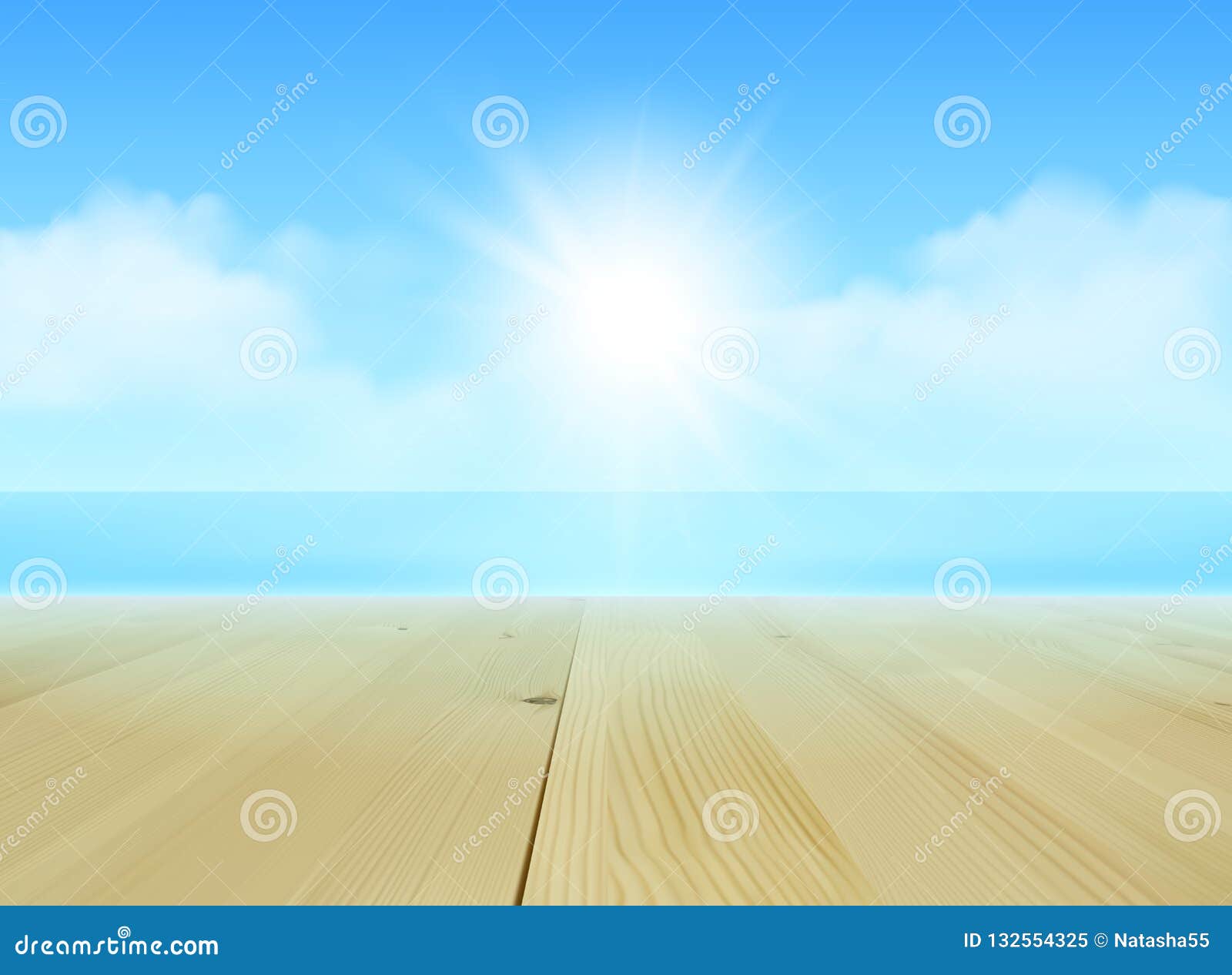 与空的木桌面 海和天空的晴朗的背景向量例证 插画包括有被耳聋的 甲板 海岸 蓝色 安排