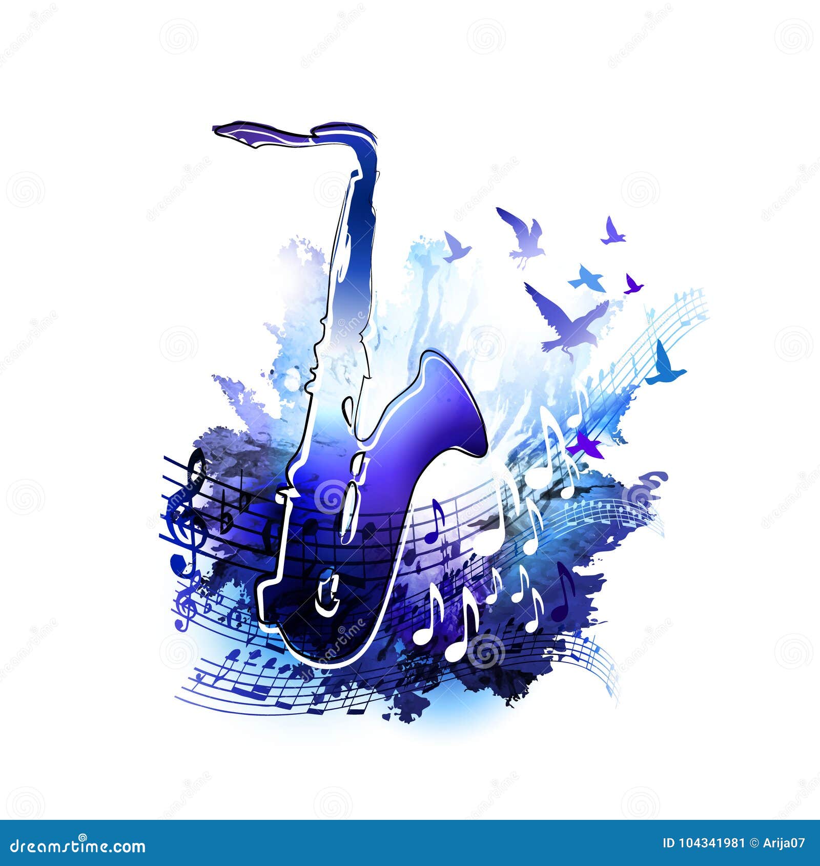 与萨克斯管 音符和飞鸟数字式水彩绘画的音乐背景向量例证 插画包括有 与萨克斯管 音符和飞鸟数字式水彩绘画的音乐背景向量例证 插画包括有