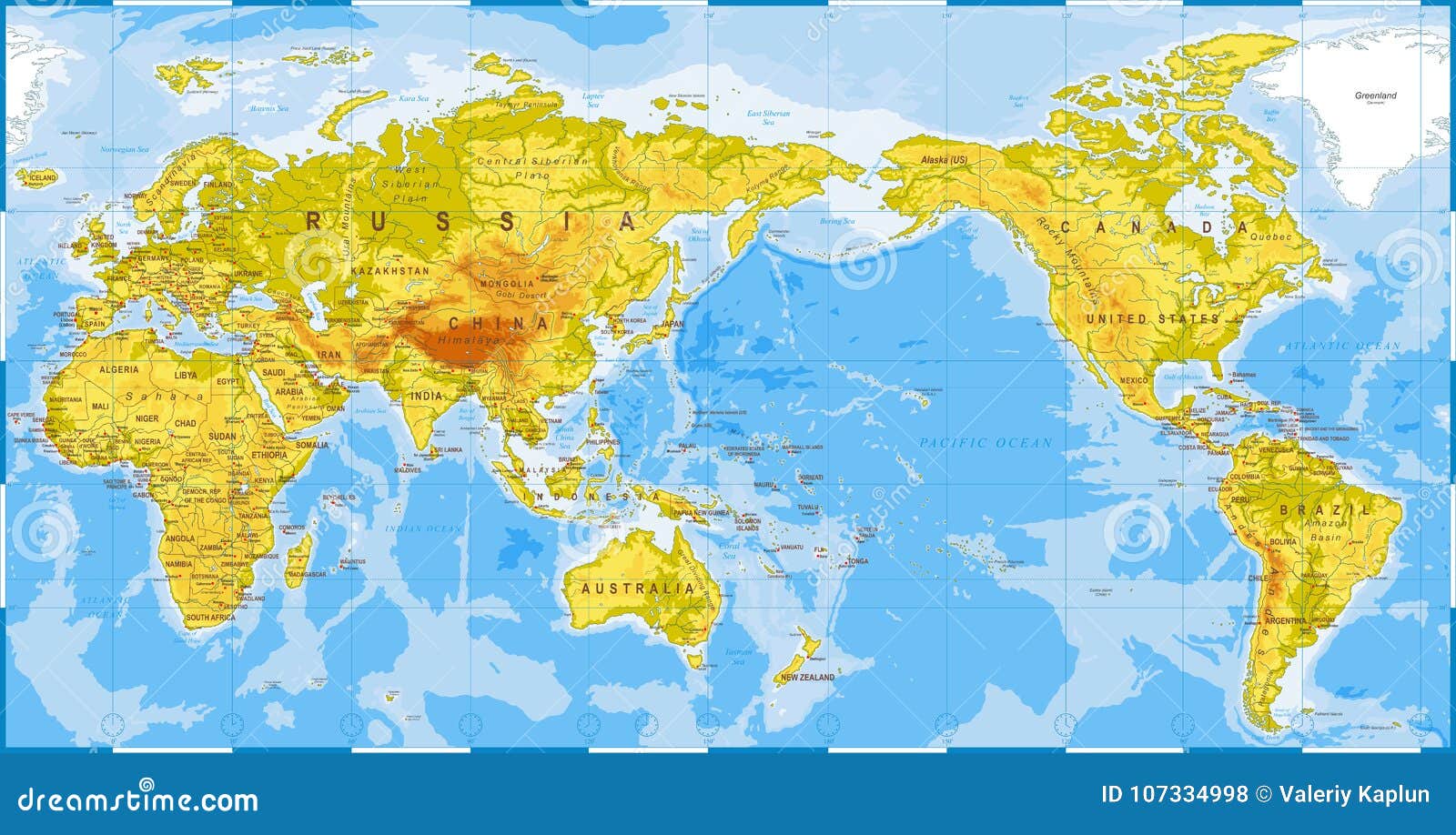 世界地图物理-亚洲在中心-中国，韩国，日本库存例证. 插画包括有二义性, 城市, 国家（地区）, 详细- 107334998