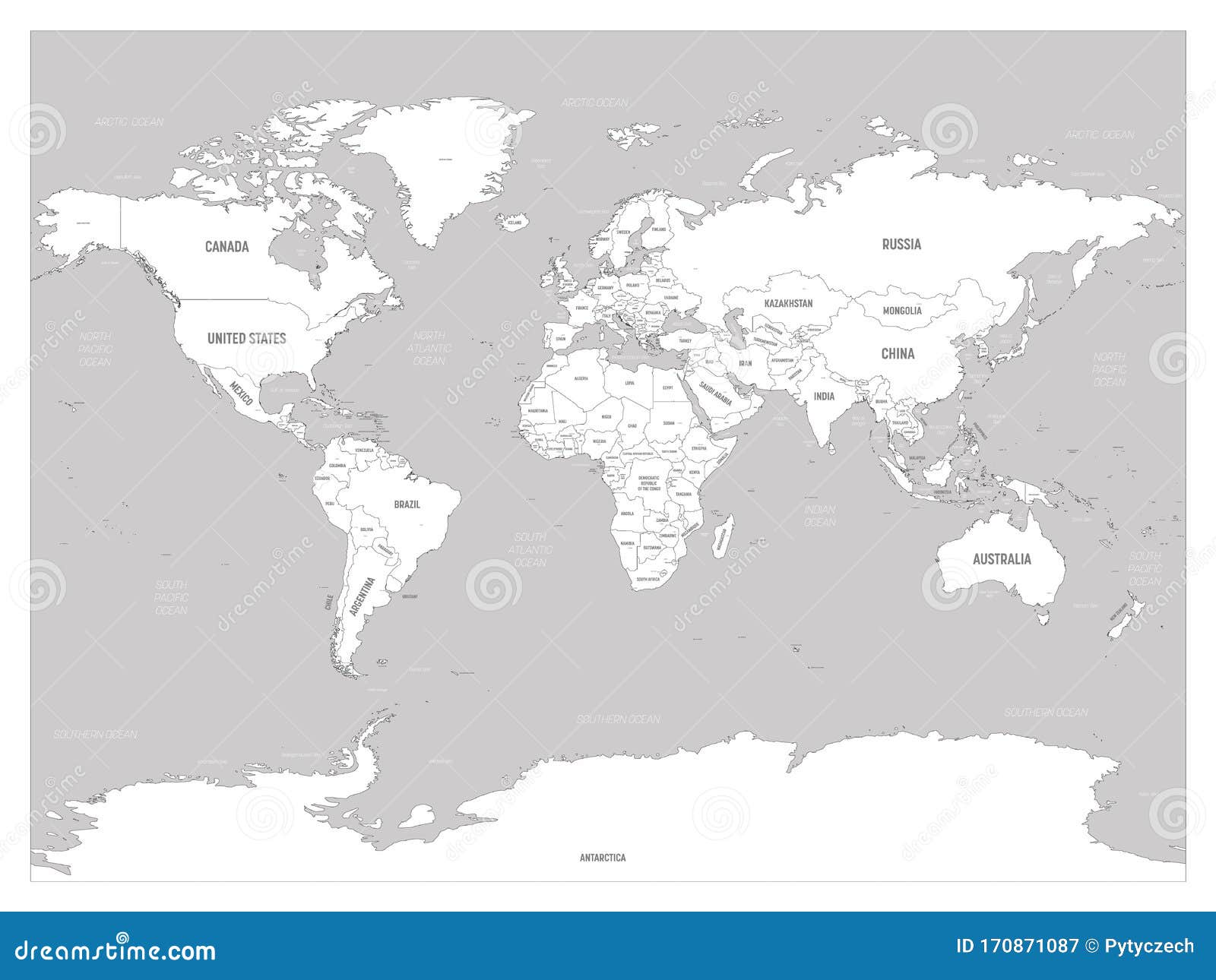 世界地图 白土和灰水国家 首都 海洋和海名的世界高度详细政治地图向量例证 插画包括有欧洲 信息