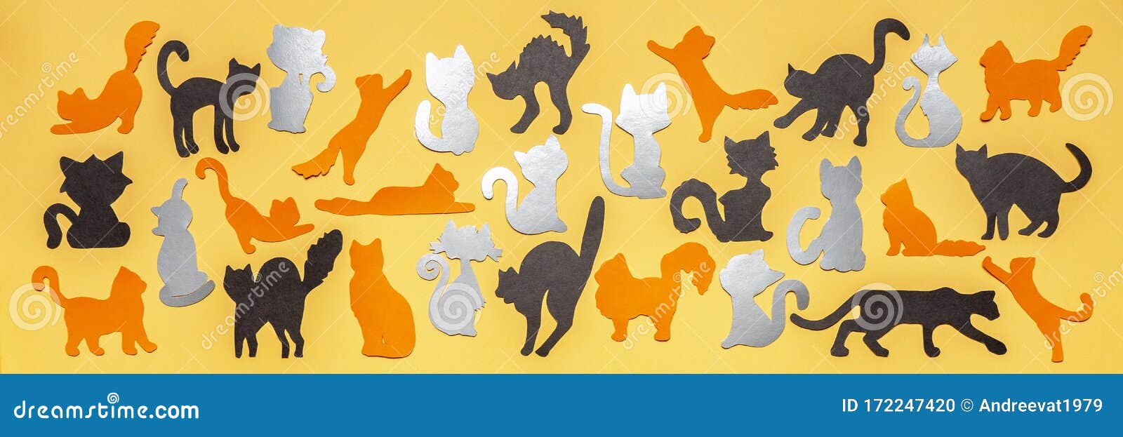 世界猫日黄色柔和背景中黑色 灰色和橙色幽默的猫影节日布局或模拟库存照片 图片包括有纸张 庆祝