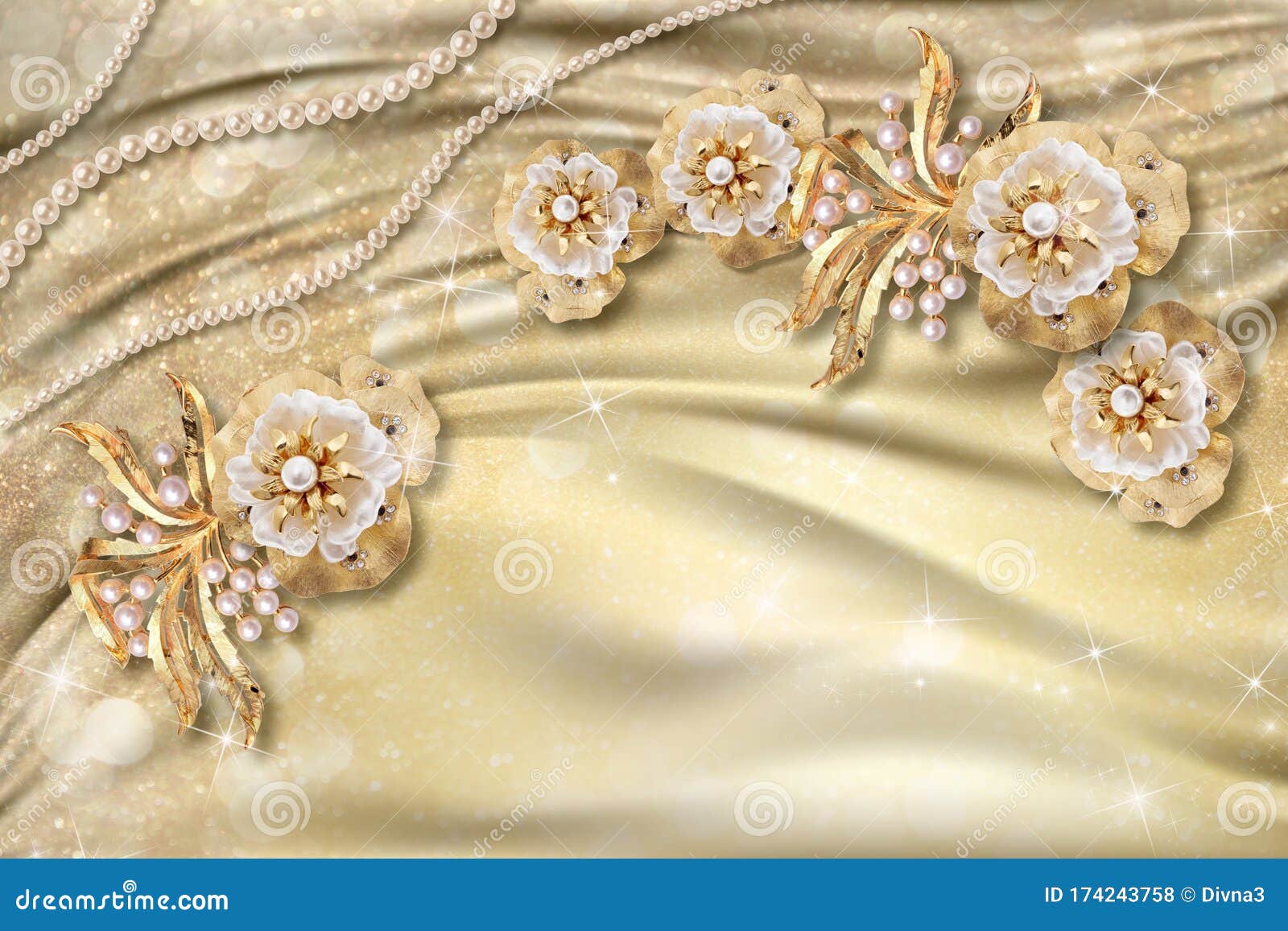 丝绸背景中的3d壁纸 珠宝花和白珍珠库存例证 插画包括有丝绸背景中的3d壁纸 珠宝花和白珍珠
