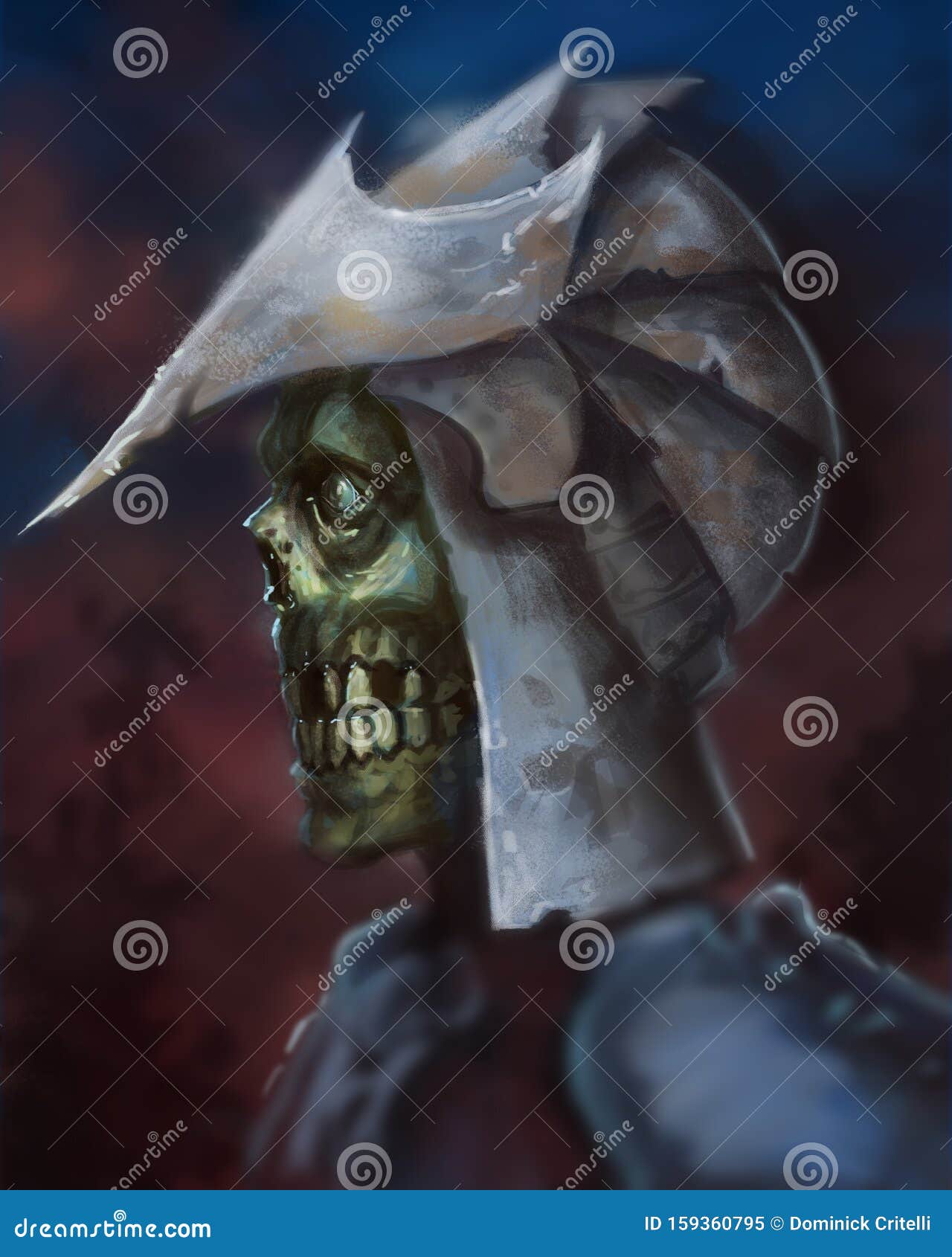 中世纪头盔的骷髅战士画像 数字幻想画库存例证 插画包括有骨头的 镇痛药 盔甲 停止 艺术