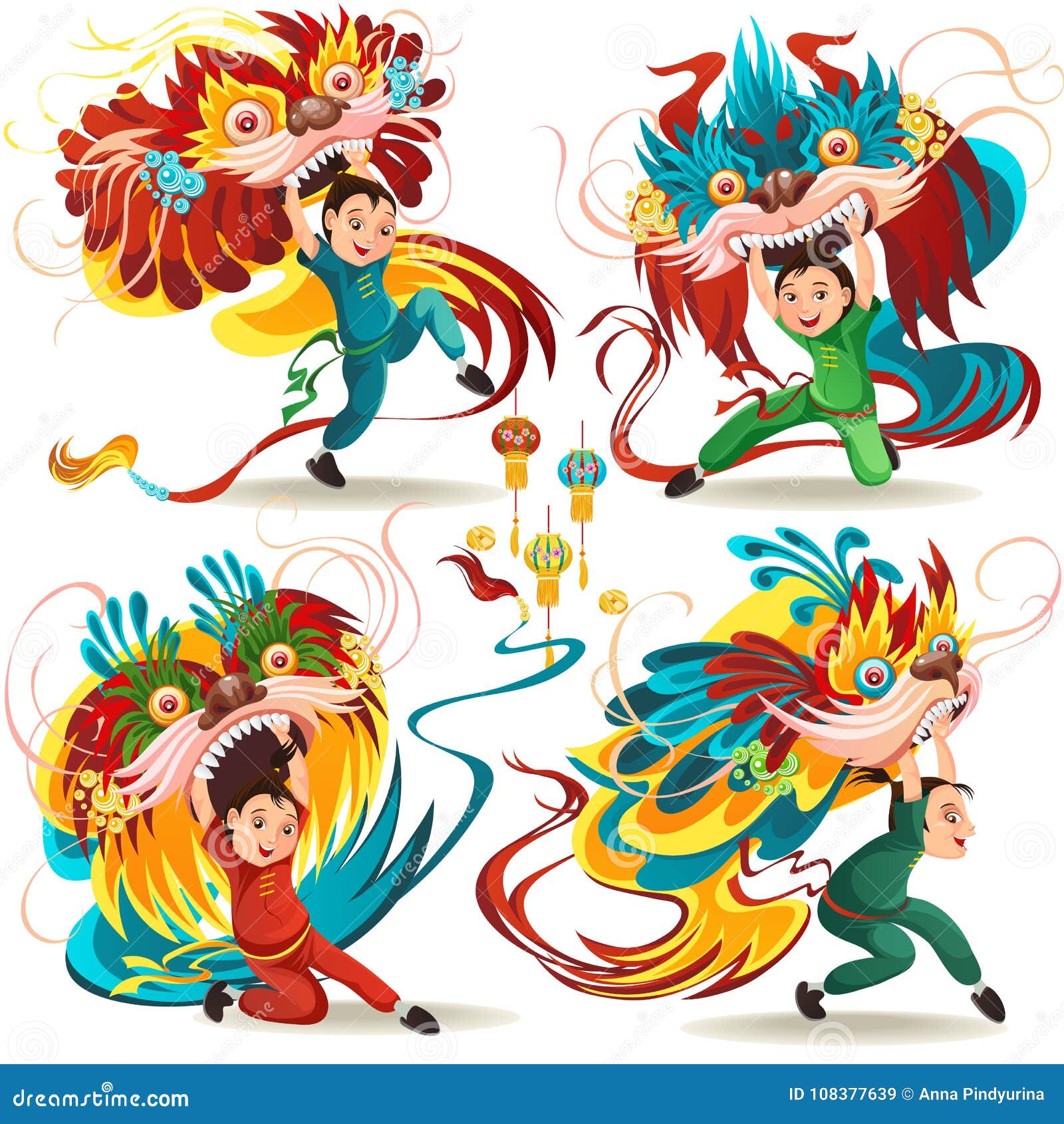 中国人旧历新年在白色背景隔绝的舞狮战斗 愉快的舞蹈家在瓷传统服装藏品向量例证 插画包括有汉语 节日