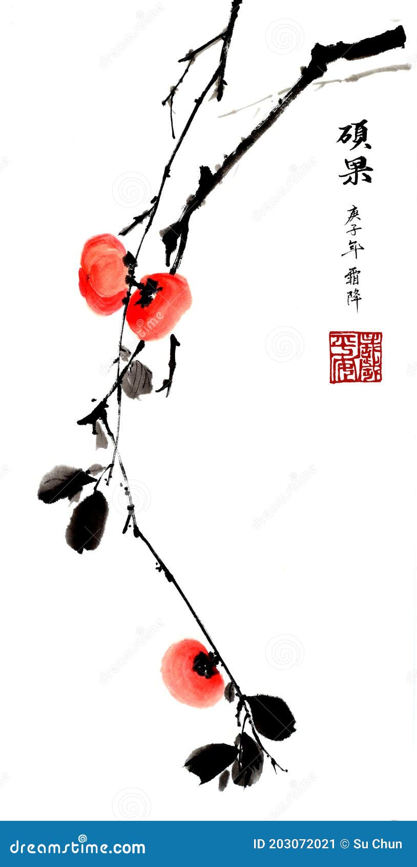 中国传统华丽装饰手绘墨柿库存例证 插画包括有春天 绘画 图画 花卉 汉语 墨水 日语