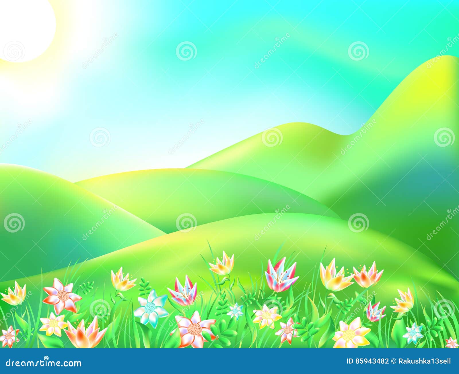 五颜六色的自然的传染媒介例证一个晴朗的夏日的动画片风景儿童背景描述一个森林 山 R 向量例证 插画包括有婴孩 柏油的