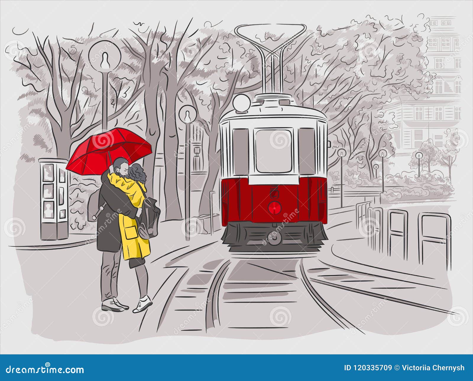 人和女孩等待电车在伞下维也纳都市风景向量例证 插画包括有言情 旅行 一起 现有量 男人