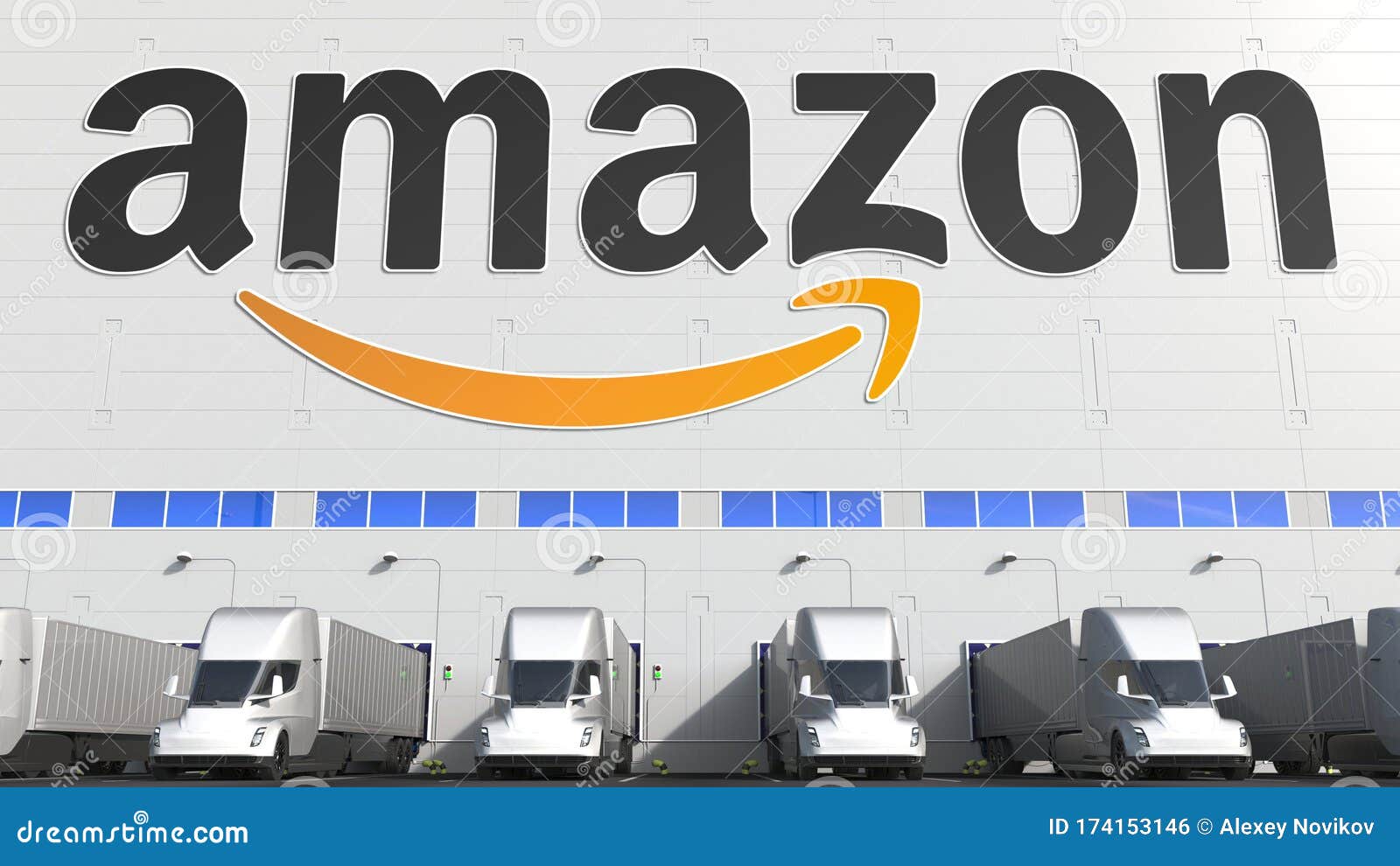 仓库货柜电动半挂车 墙上挂有amazon标志编辑3d渲染编辑类照片 插画包括有销售额 向前 仓库货柜电动半挂车 墙上挂有amazon标志编辑3d渲染编辑类照片 插画包括有销售额 向前