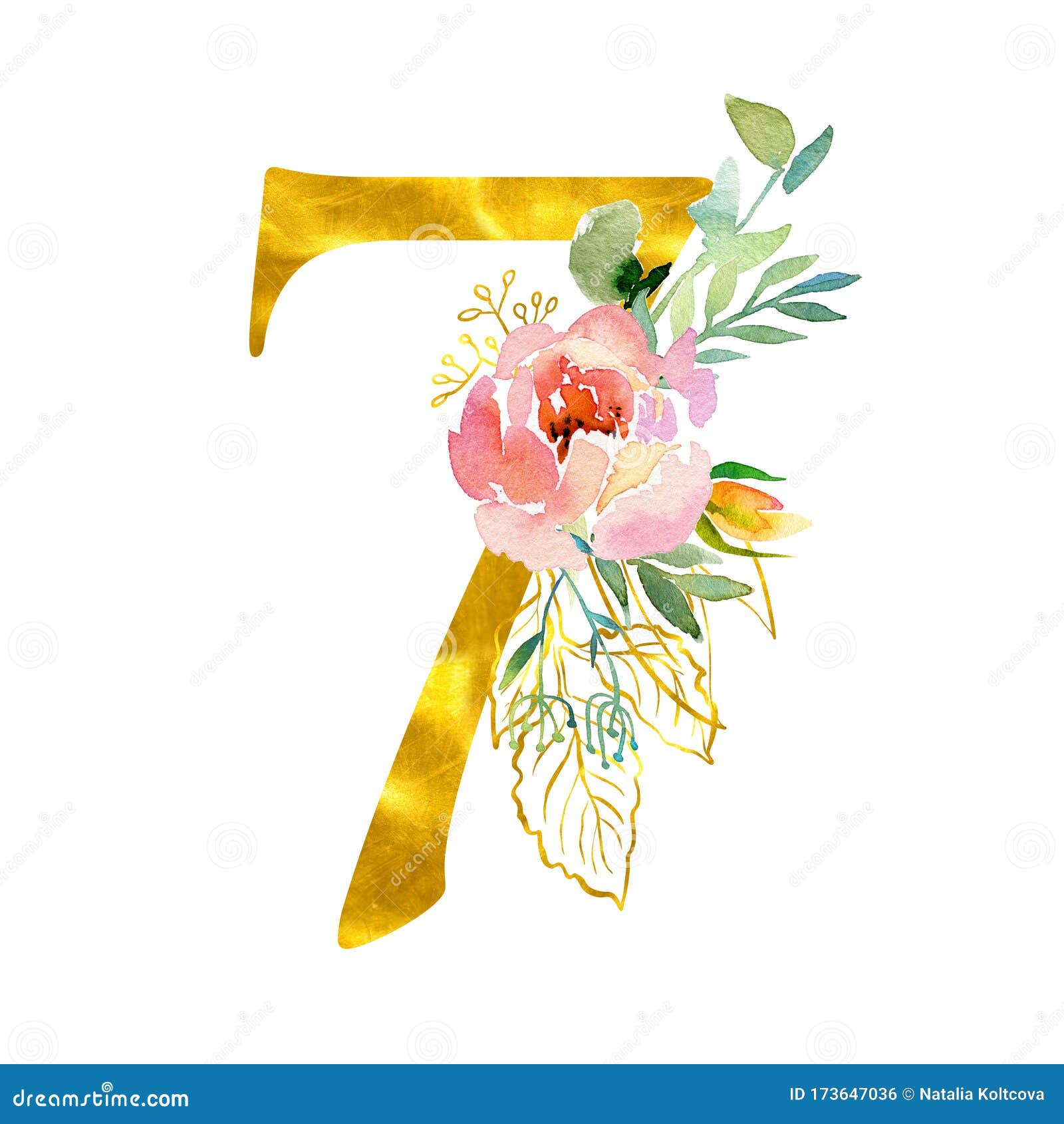 优雅的夏装花卉数字带水彩花的金色数字7 用于设计的元件库存例证 插画包括有绽放 草本