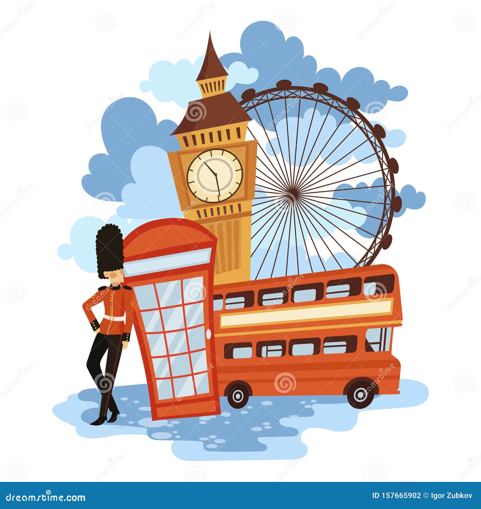 伦敦景观英格兰景点漫画旅行社矢量图向量例证 插画包括有