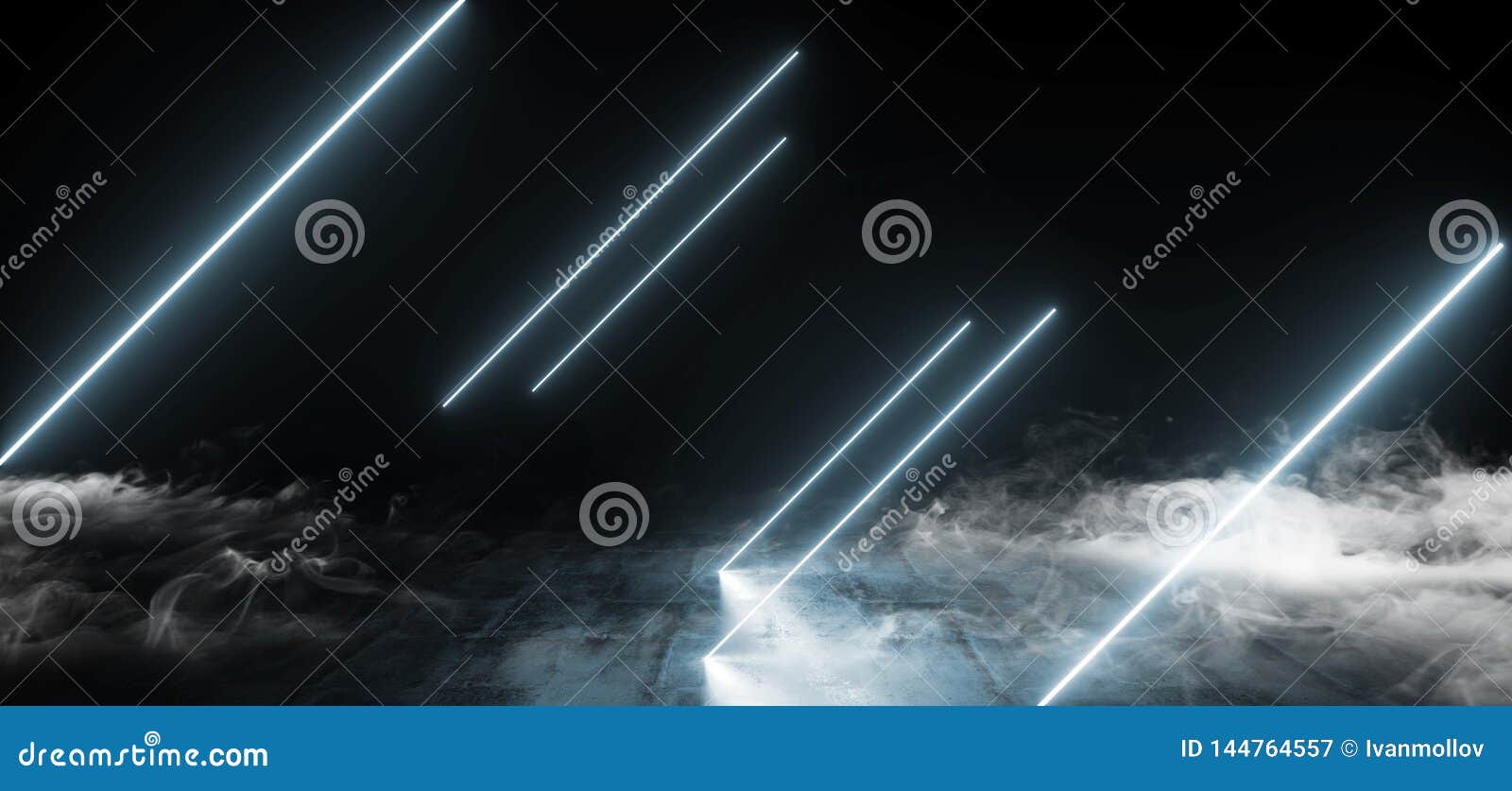 典雅的线掀动形状的霓虹萤光减速火箭的激光的烟带领了在地下霍尔的展示阶段充满活力的蓝色发库存例证