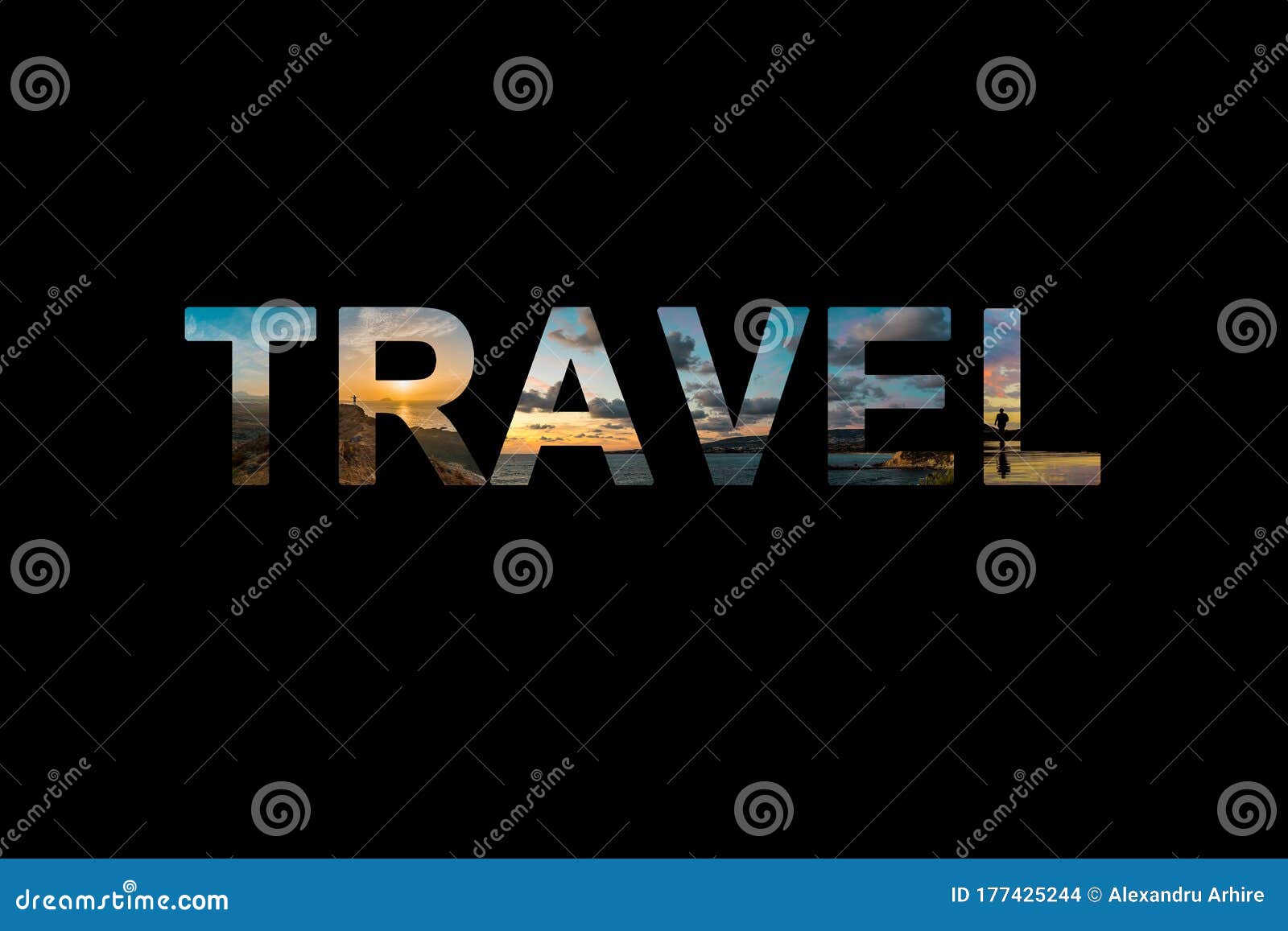 内含照片的文字 黑色背景中的旅行库存照片 图片包括有设计 颜色 盖子 横向 文本 节假日