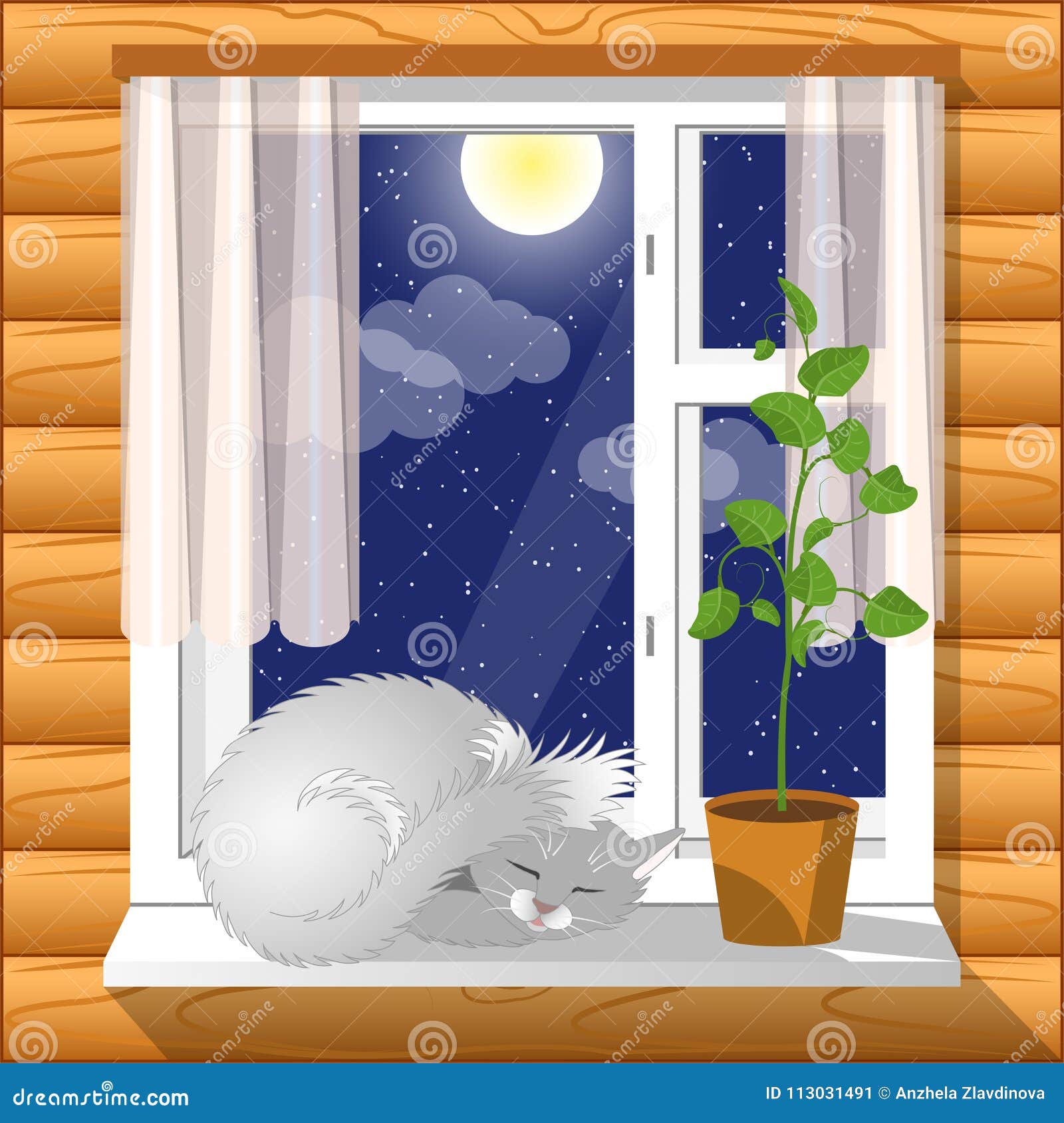 内部在窗台舒适睡觉猫向量例证 插画包括有查出 样式 月亮 空间 图象 休眠 时间