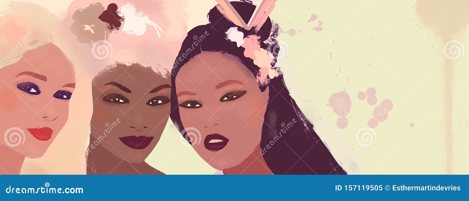 化妆品用水彩画旗黑头发的美国黑人女孩 亚裔和白人女性毕姓库存例证 插画包括有毕姓 化妆品用水彩画旗 157119505