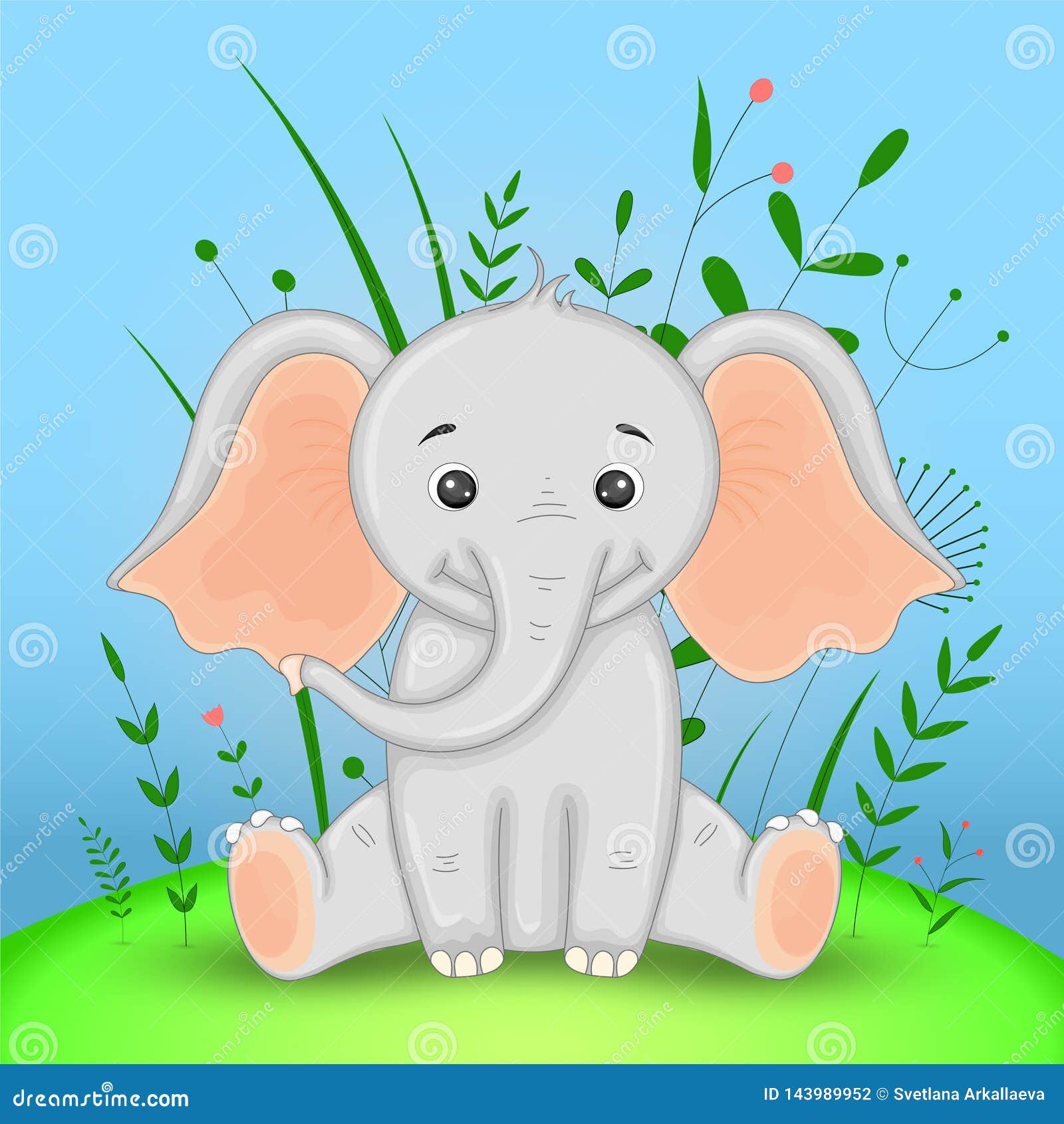 卡通动物大象的礼品明信片枝叶植物装饰花背景库存例证 插画包括有