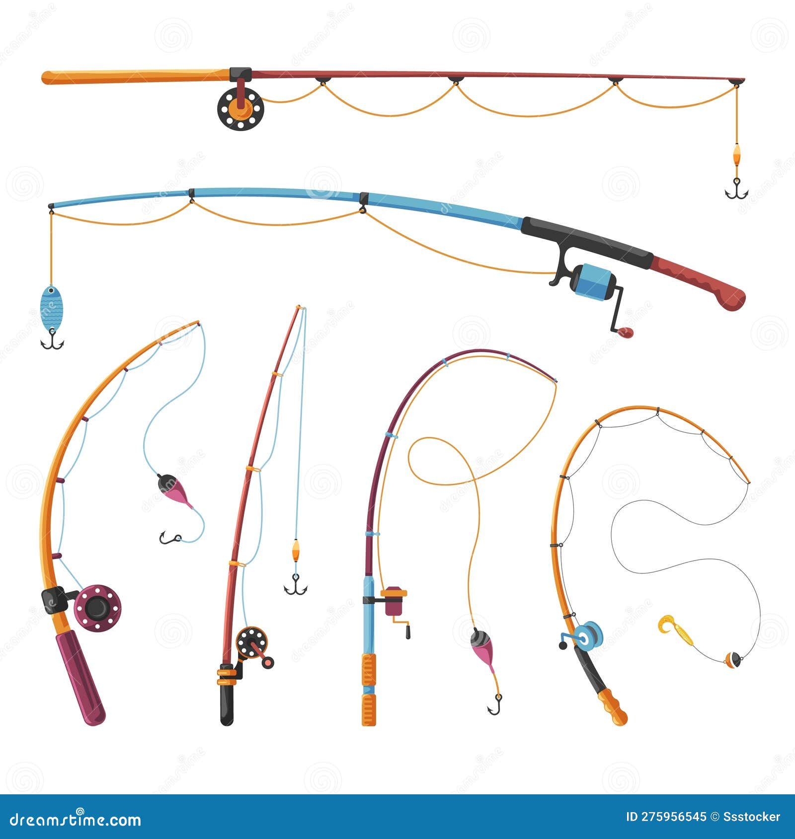 卡通鱼竿. 渔捞渔夫用竹竿带纺线的彩色孤立杆向量例证. 插画包括有可弯