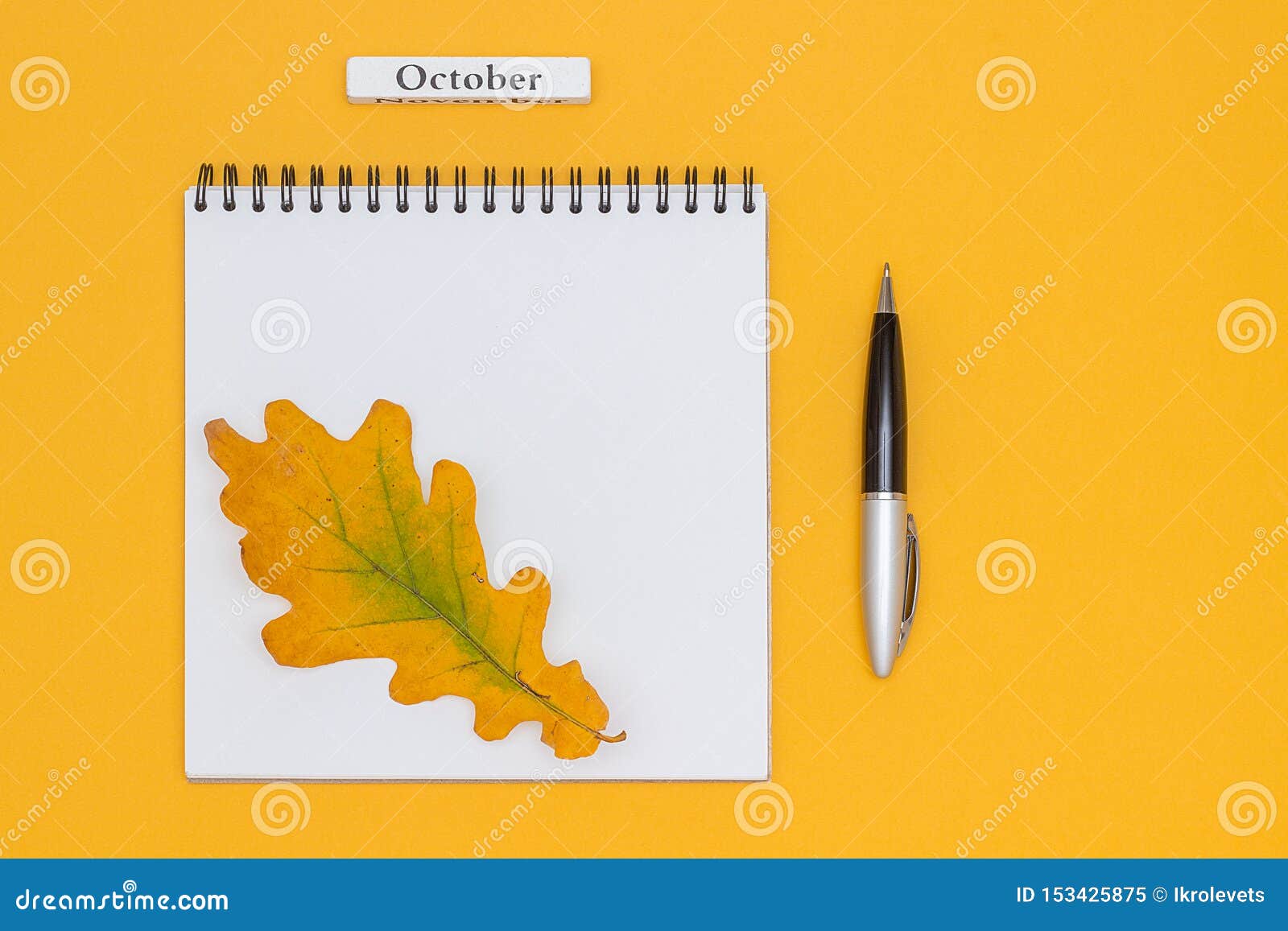 历月10月 与笔的空白的开放笔记薄和在黄色背景的秋叶大模型顶视图平的被放置的模板为库存图片 图片